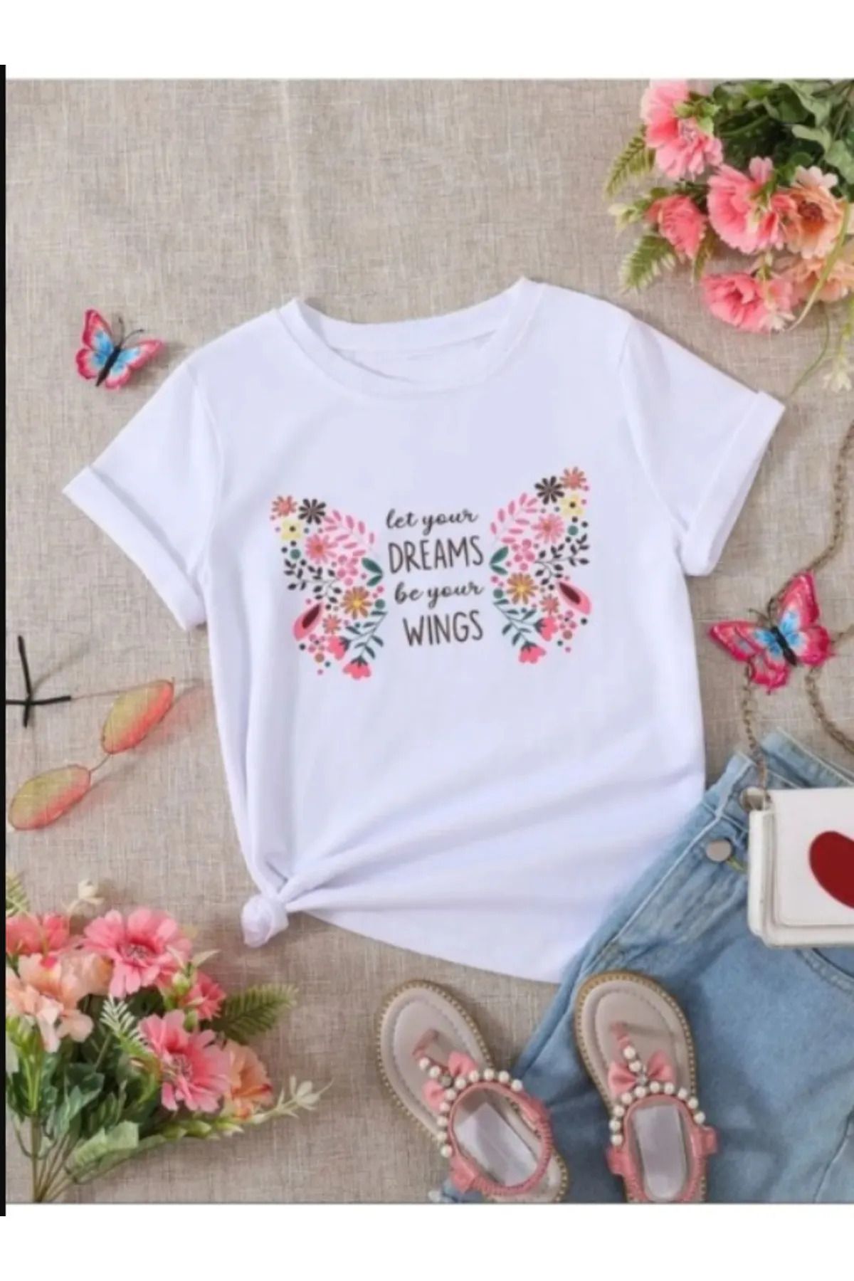 ELNOYA Çocuk Yazlık Sevimli Motivasyon Tişört Beyaz - Let Your Dreams Be Your Wings