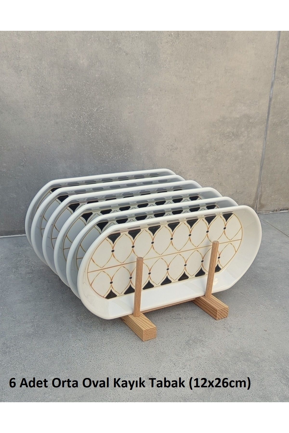 Pinkev 6lı Set Seramik Orta Boy Oval Kayık Tabak Seti - 12x26cm