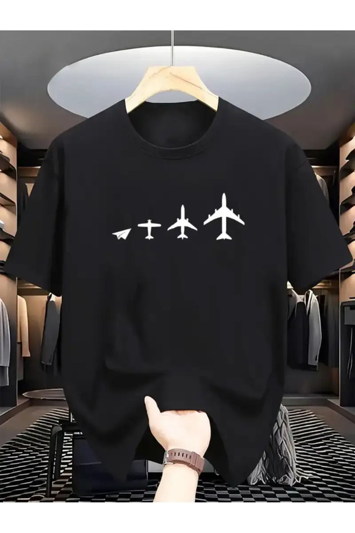 İnazuma Outdoors Unisex Oversize Baskılı Pamuklu Bisiklet Yaka Kısa Kollu SİYAH T-shirt Dörtlü Uçak