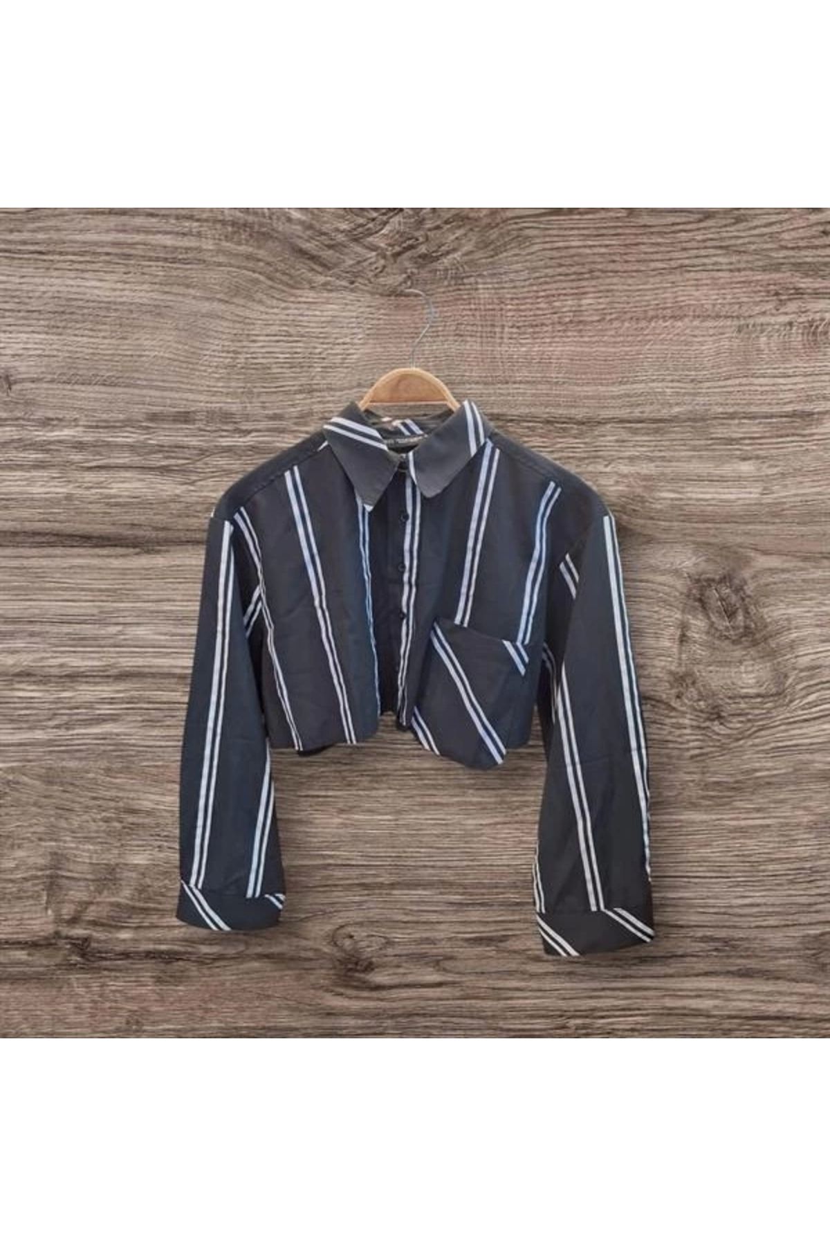 Lale Moda Kadın Çizgili Crop Gömlek