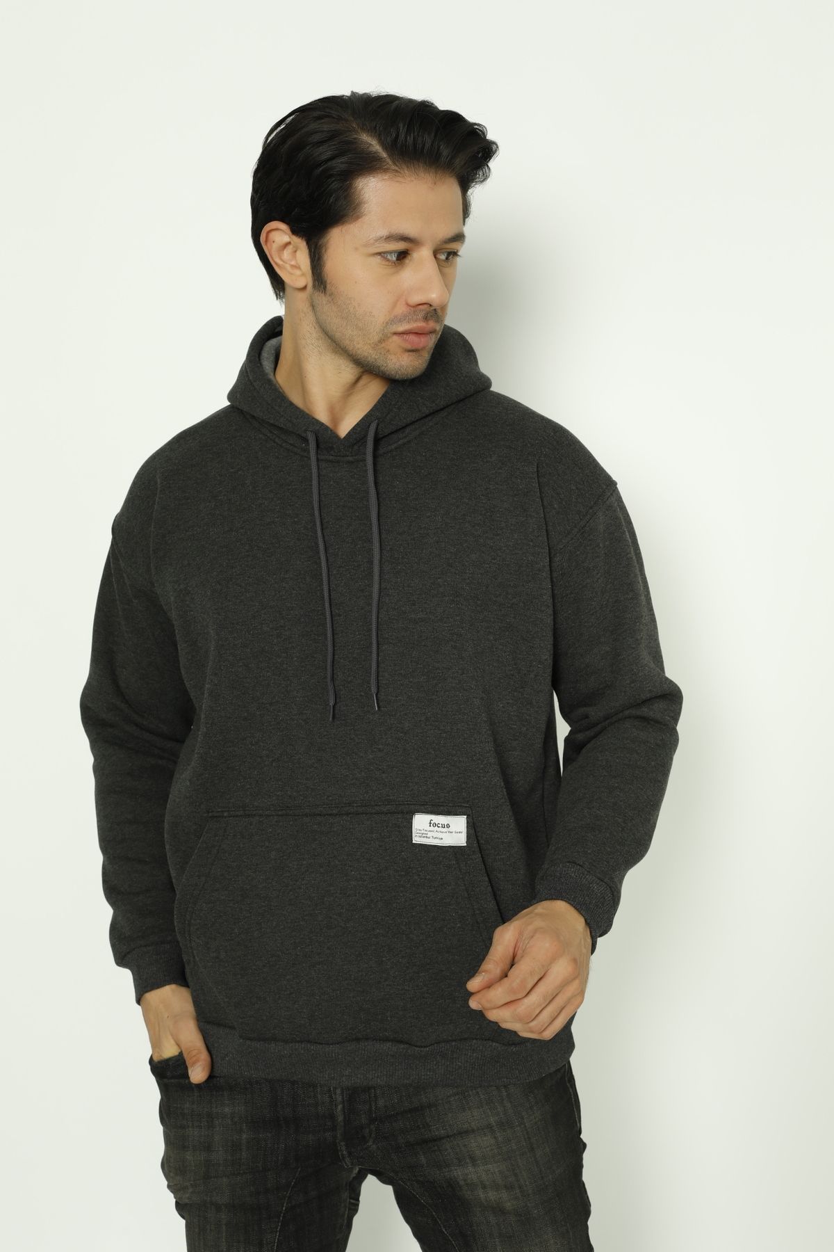 Focus Oversize Baskısız Basic Oversize Kapüşonlu Sweatshirt