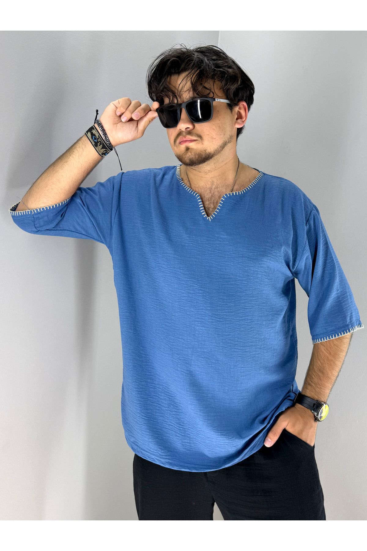 MARESHAL El İşi Kroşata Armut Yaka ve Kol Detaylı Oversize T-Shirt (Mavi)