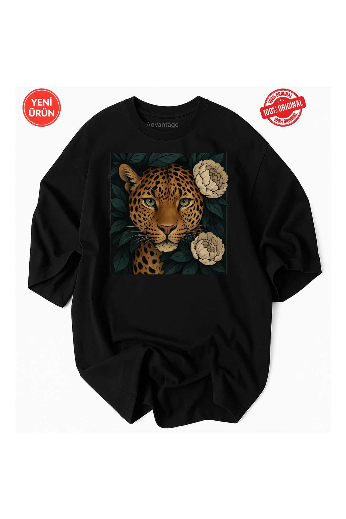 Advantage Leopar Çiçek Desen Baskılı %100 Pamuklu Premium T-Shirt