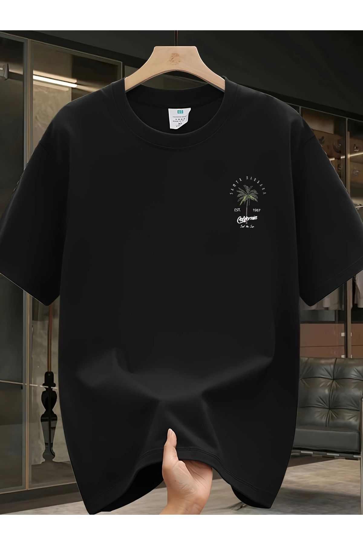 İnazuma Outdoors Unisex Oversize Baskılı Pamuklu Bisiklet Yaka Kısa Kollu SİYAH T-shirt Santa Barbara