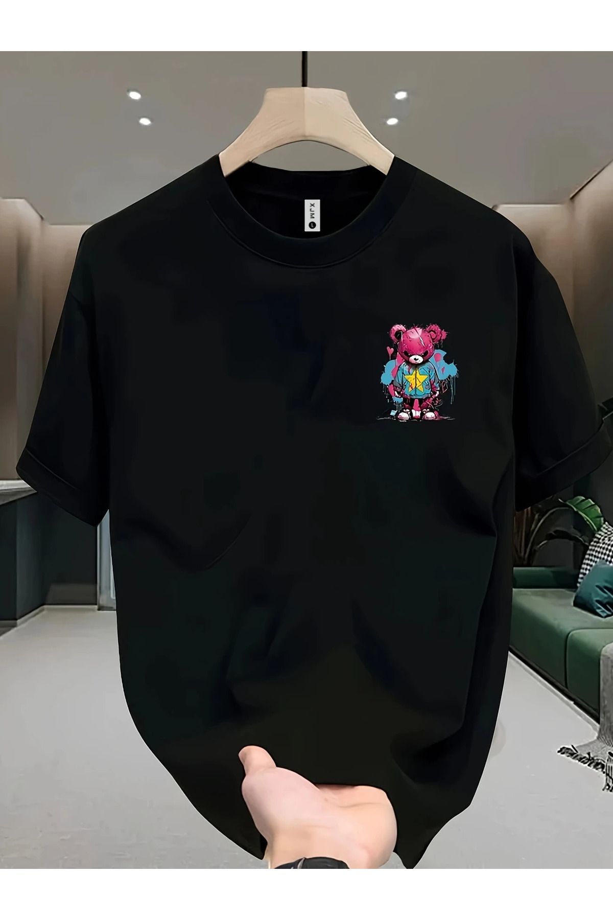 İnazuma Outdoors Unisex Oversize Baskılı Pamuklu Bisiklet Yaka Kısa Kollu SİYAH T-shirt Yıldızlı Pembe Ayı