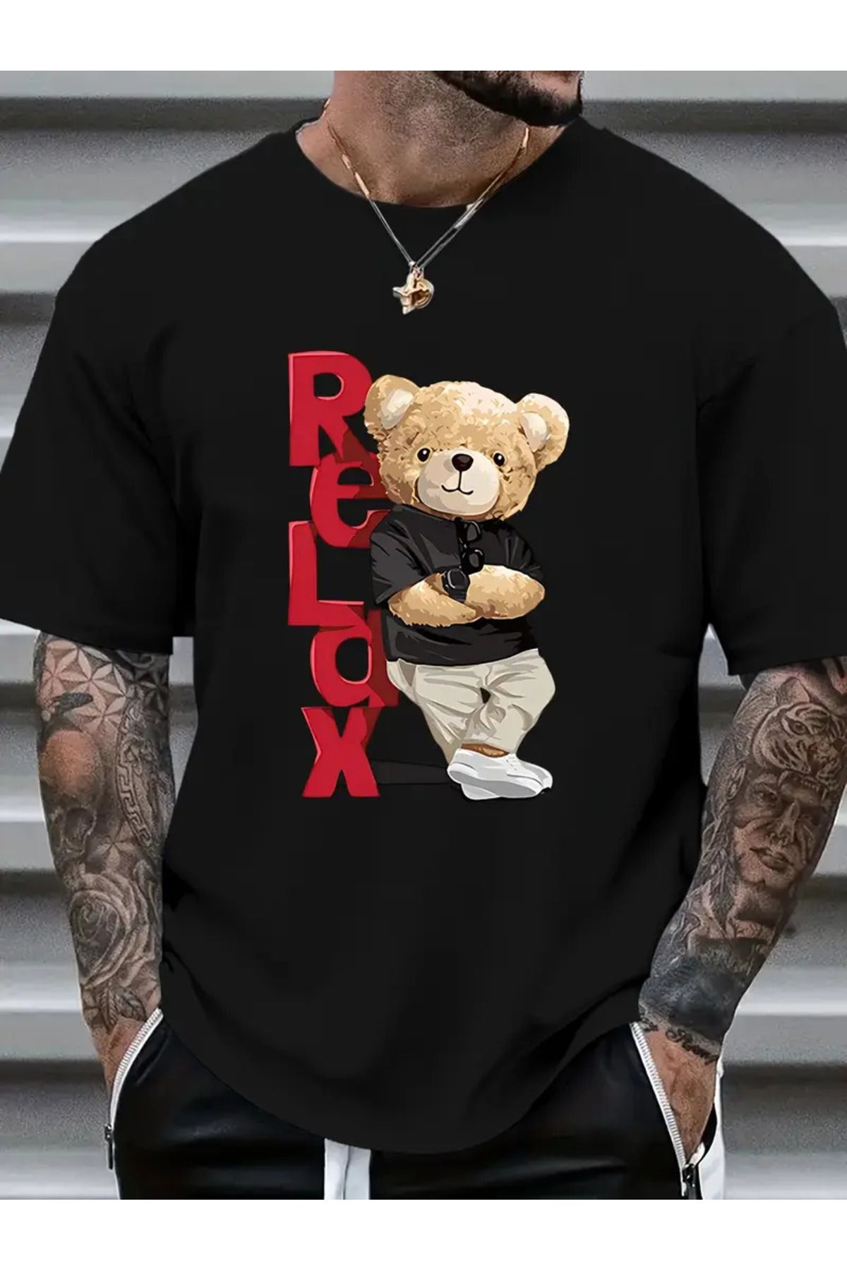 İnazuma Outdoors Unisex Oversize Baskılı Pamuklu Bisiklet Yaka Kısa Kollu SİYAH T-shirt Relax Ayıcık