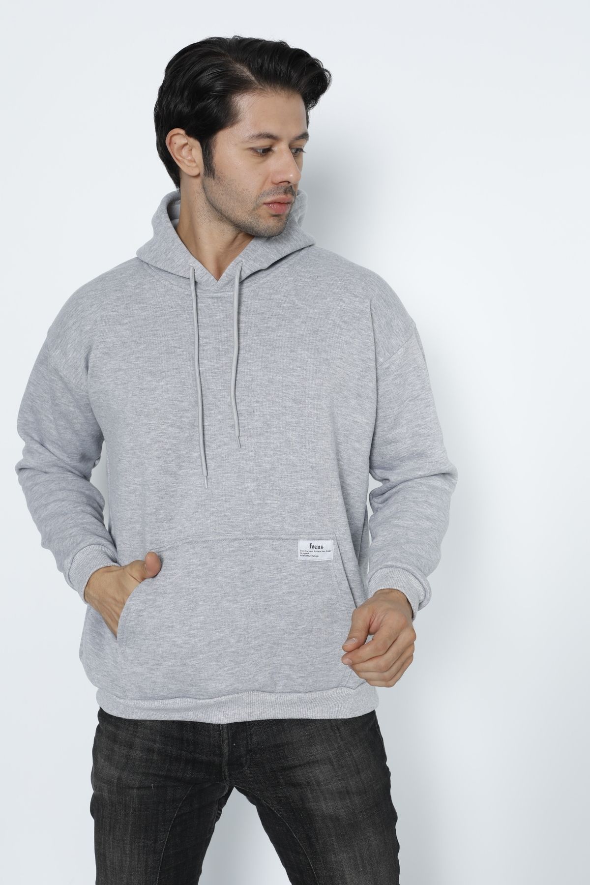 Focus Oversize Baskısız Basic Oversize Kapüşonlu Sweatshirt