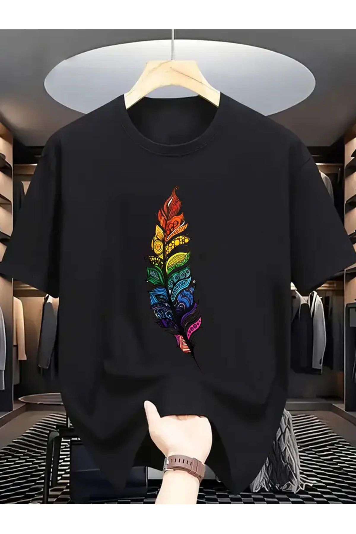 İnazuma Outdoors Unisex Oversize Baskılı Pamuklu Bisiklet Yaka Kısa Kollu SİYAH T-shirt Renkli Kuş Tüyü
