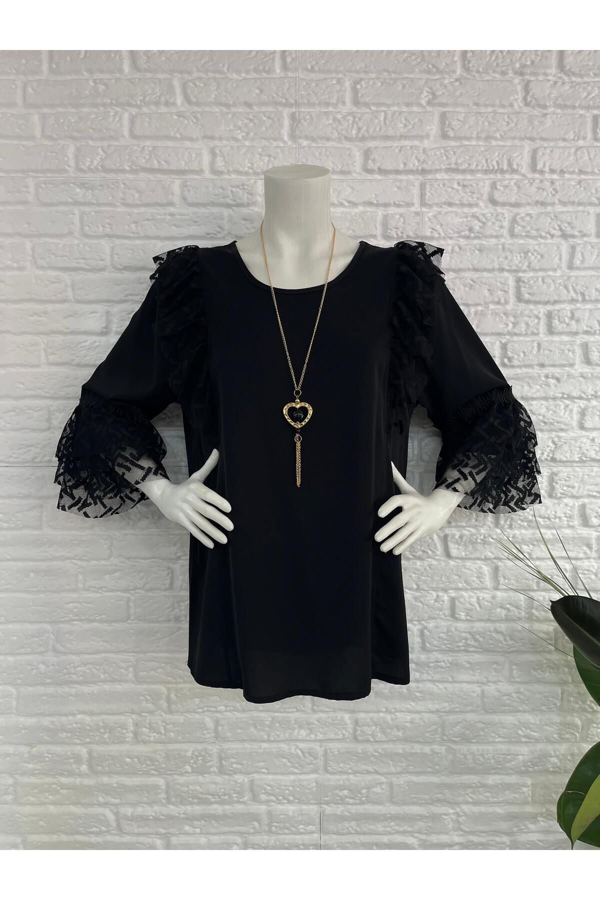 Butik Eylül ,Büyük Beden Kol ve Omuz Tül Detaylı Abiye Buluz