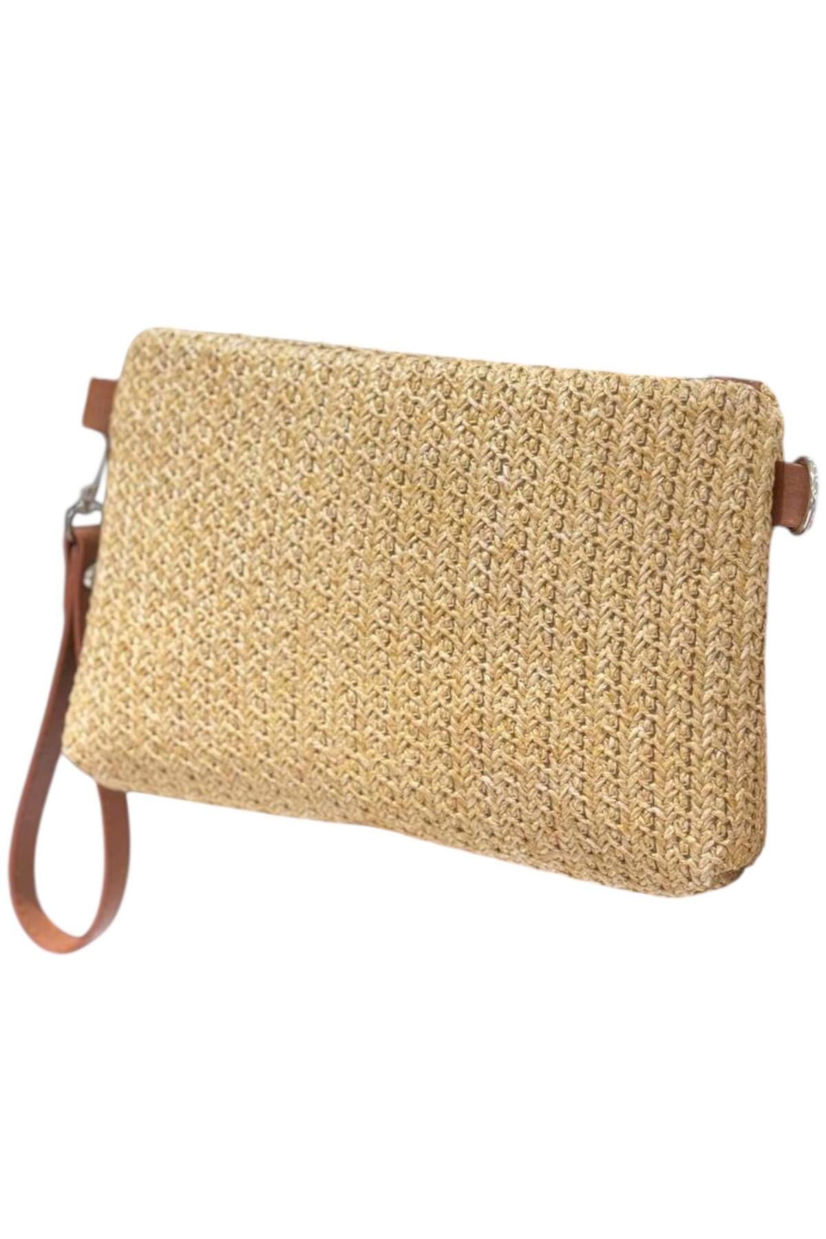 larosee Hasır Model Fermuarlı Kadın Portföy Clutch El Çantası Yazlık Çanta Bilek Askılı Çanta