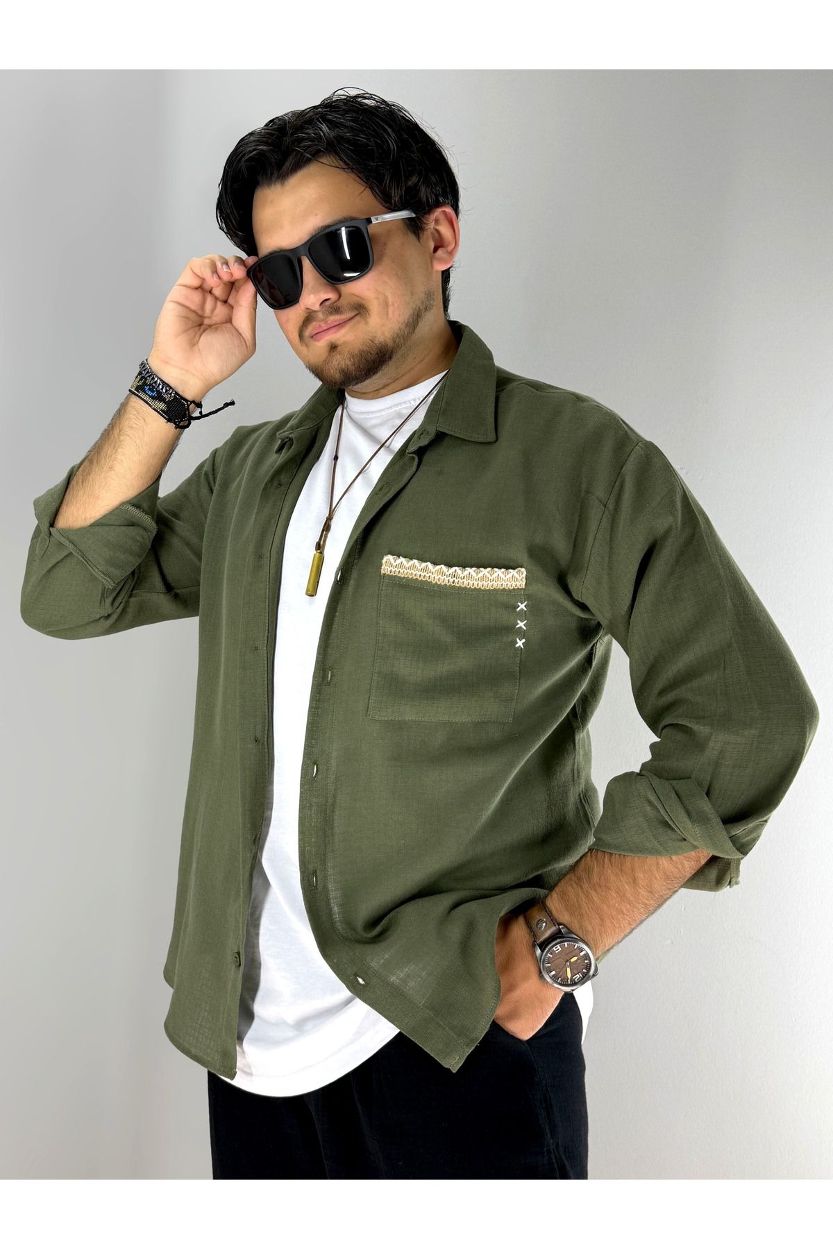 MARESHAL Hasır Şerit Cep Detaylı Oversize Gömlek(Haki)