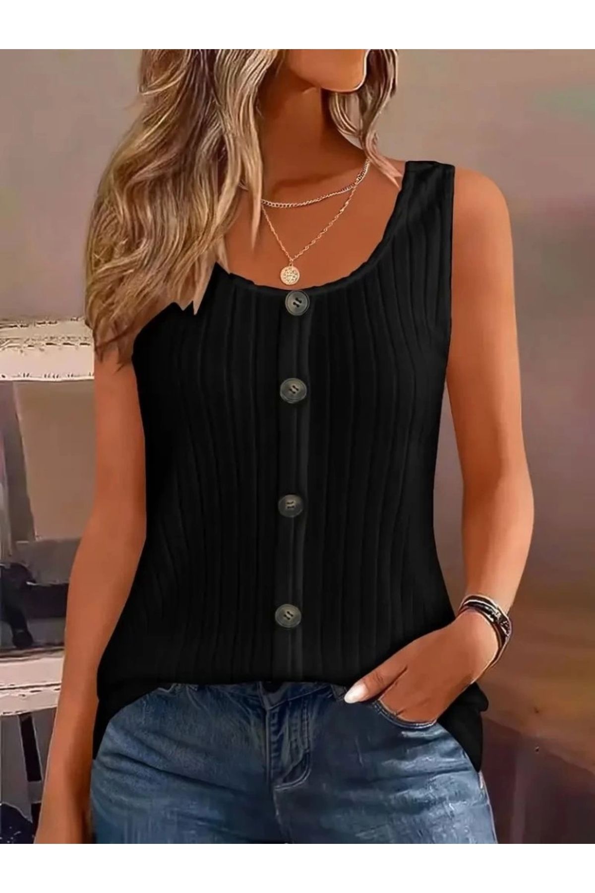 Butik Kadın Askılı Yuvarlak Yaka önden Düğmeli Kalın Fitilli Kaşkorse Bluz
