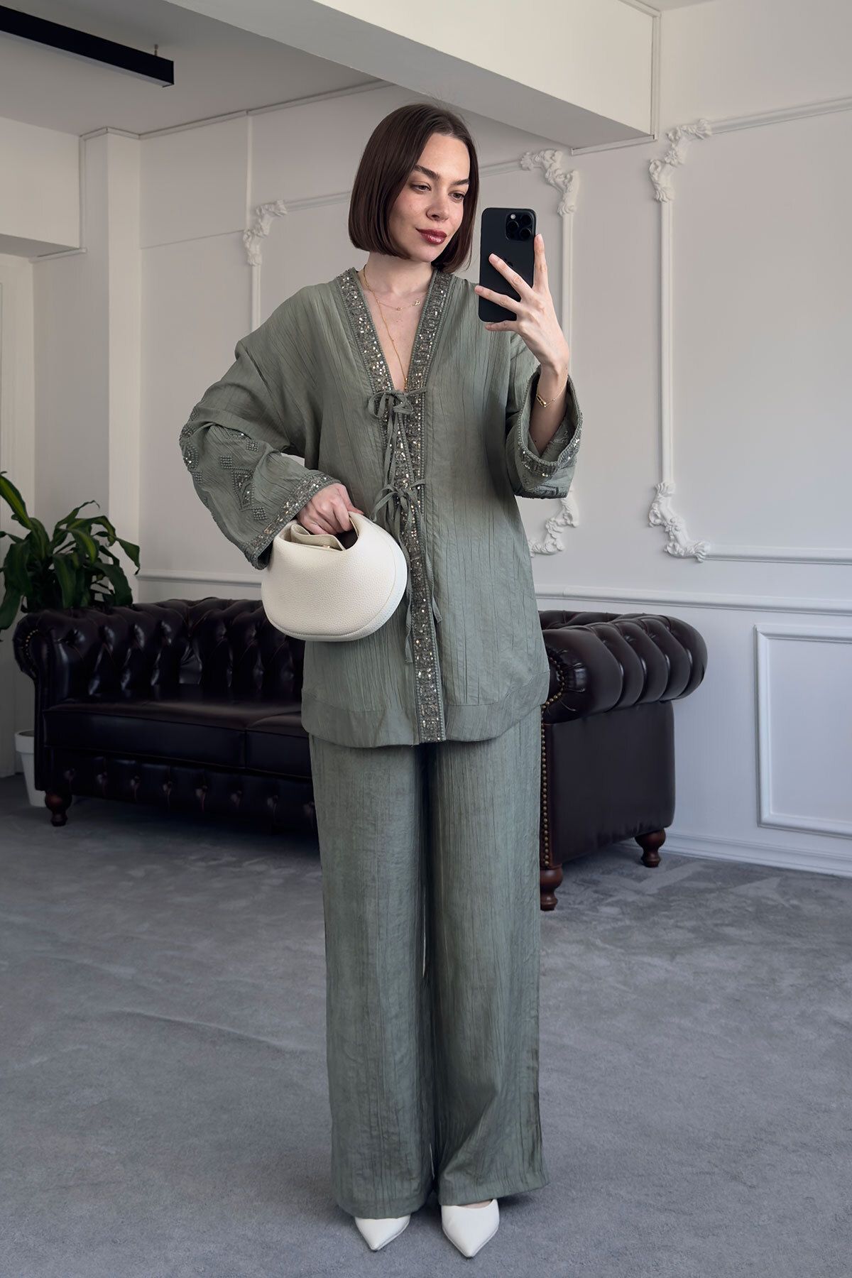 MAGARDE Pul İşlemeli Tasarım Keten Kimono Takım- HAKİ