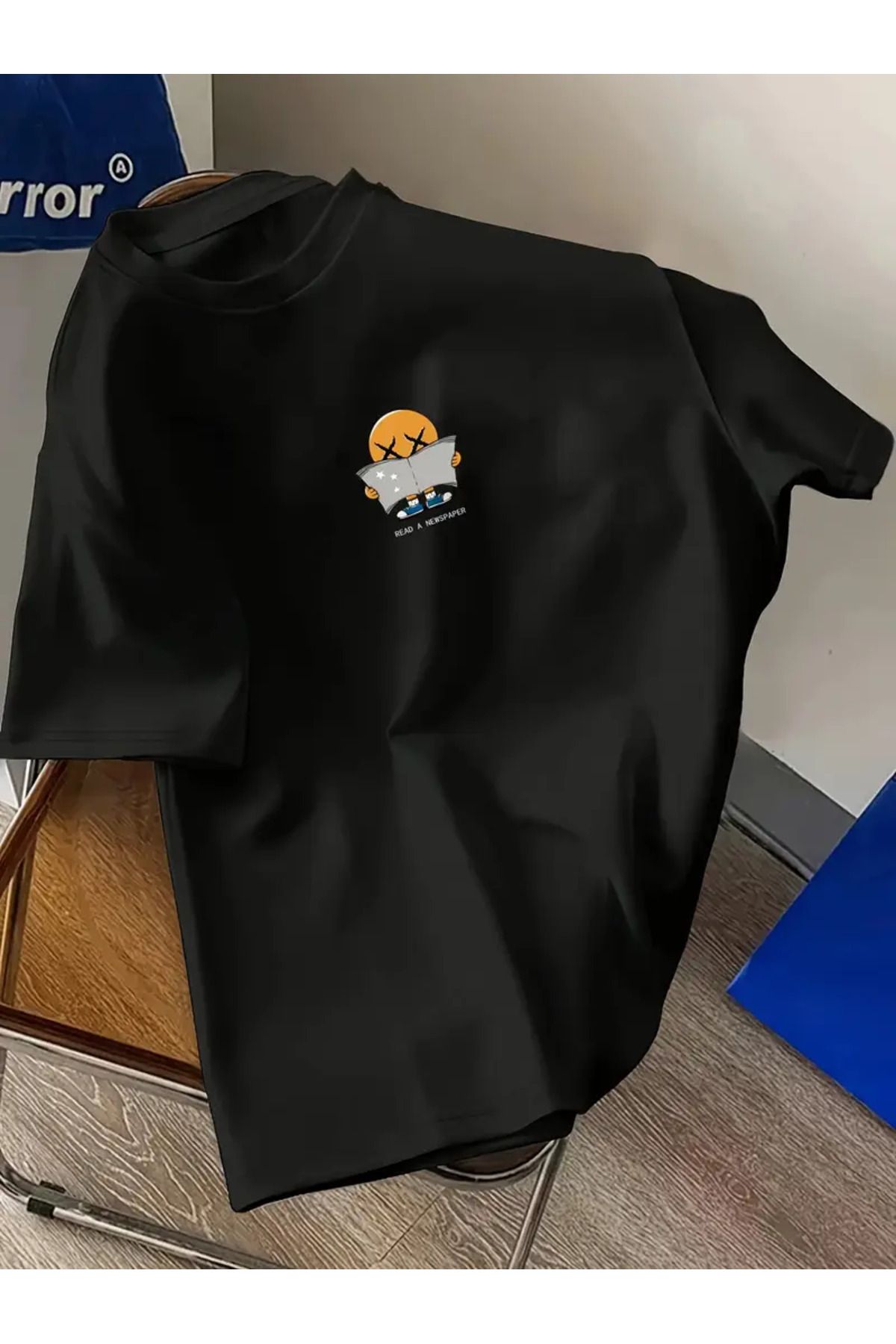 İnazuma Outdoors Unisex Oversize Baskılı Pamuklu Bisiklet Yaka Kısa Kollu SİYAH T-shirt Gazate Çocuk
