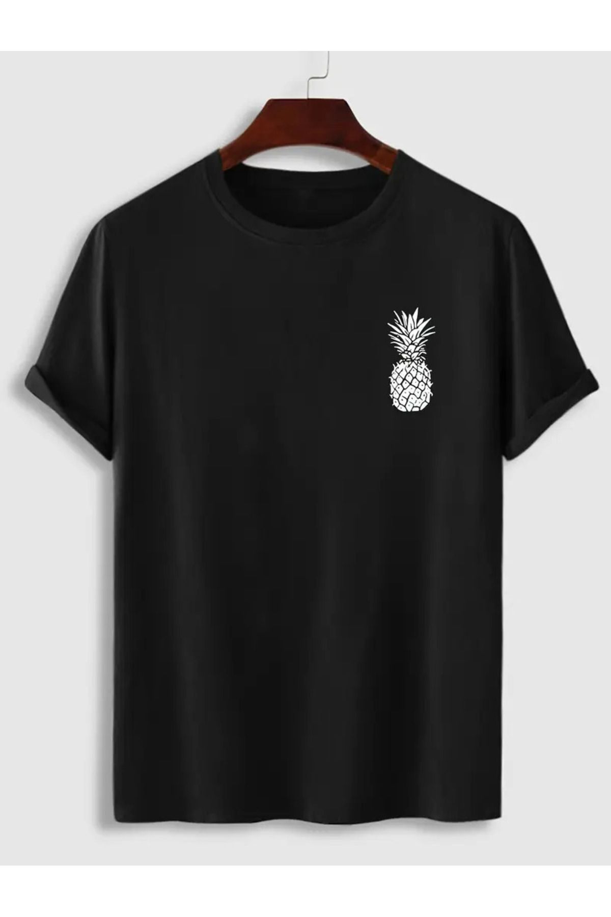 İnazuma Outdoors Unisex Oversize Baskılı Pamuklu Bisiklet Yaka Kısa Kollu SİYAH T-shirt Ananas
