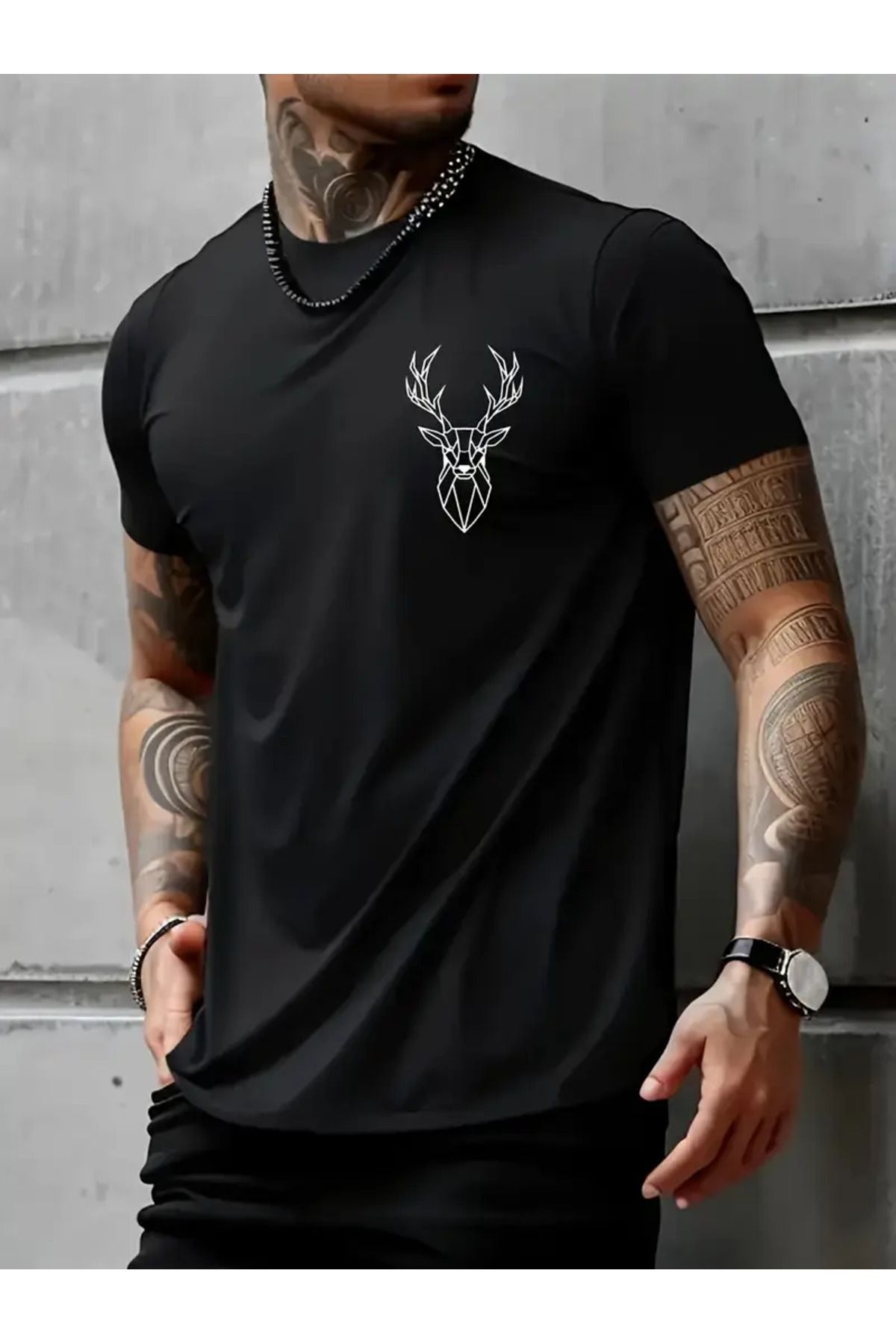 İnazuma Outdoors Unisex Oversize Baskılı Pamuklu Bisiklet Yaka Kısa Kollu SİYAH T-shirt Geyik