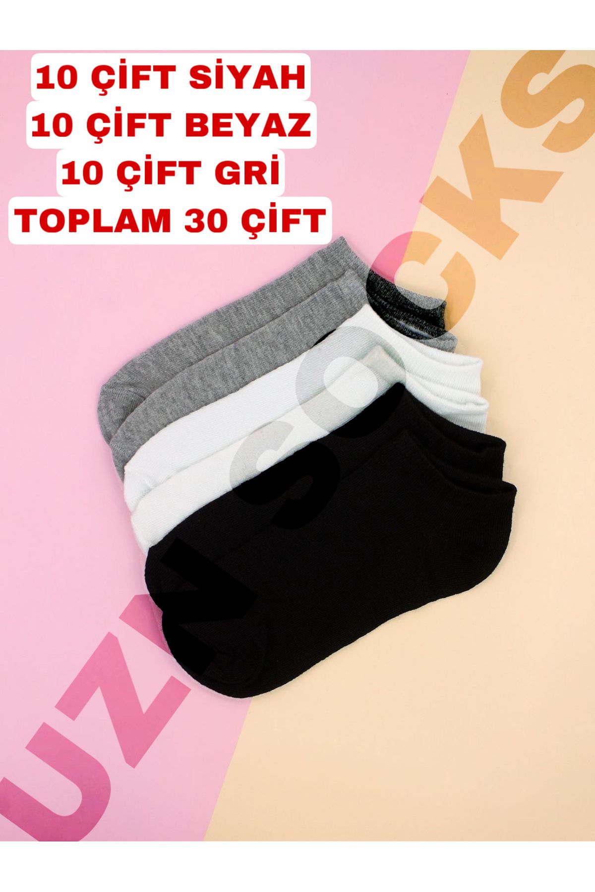 UZN SOCKS Unisex Siyah Beyaz Gri Patik Çorap 30 Çift (10 Siyah - 10 Beyaz - 10 Gri)