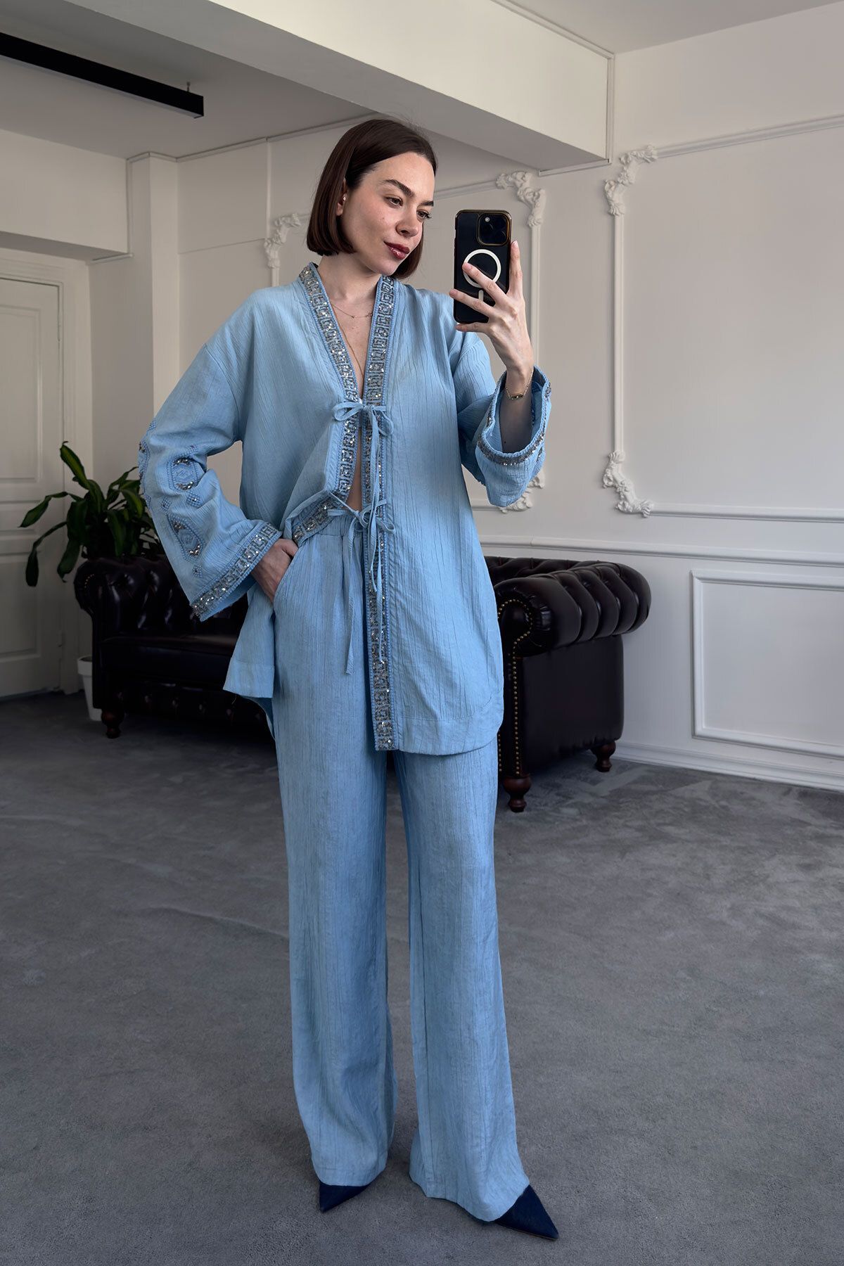 MAGARDE Pul İşlemeli Tasarım Keten Kimono Takım- BEBE MAVİSİ