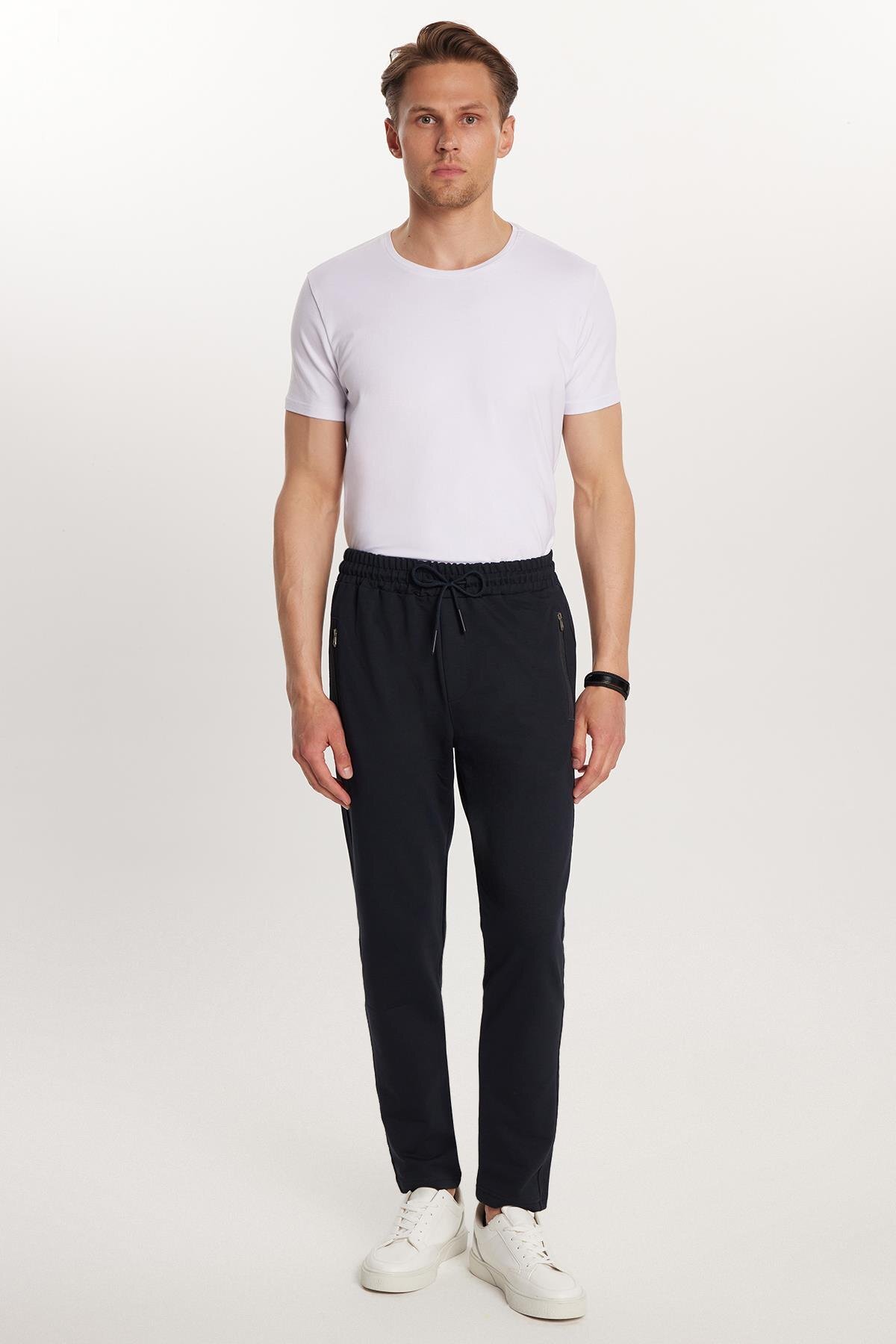 Tudors  Unisex Standart Fit Pamuklu 2 İplik Fermuar Cepli Lastikli Bağlamalı Düz Paça Lacivert Eşofman Altı - Görsel 4