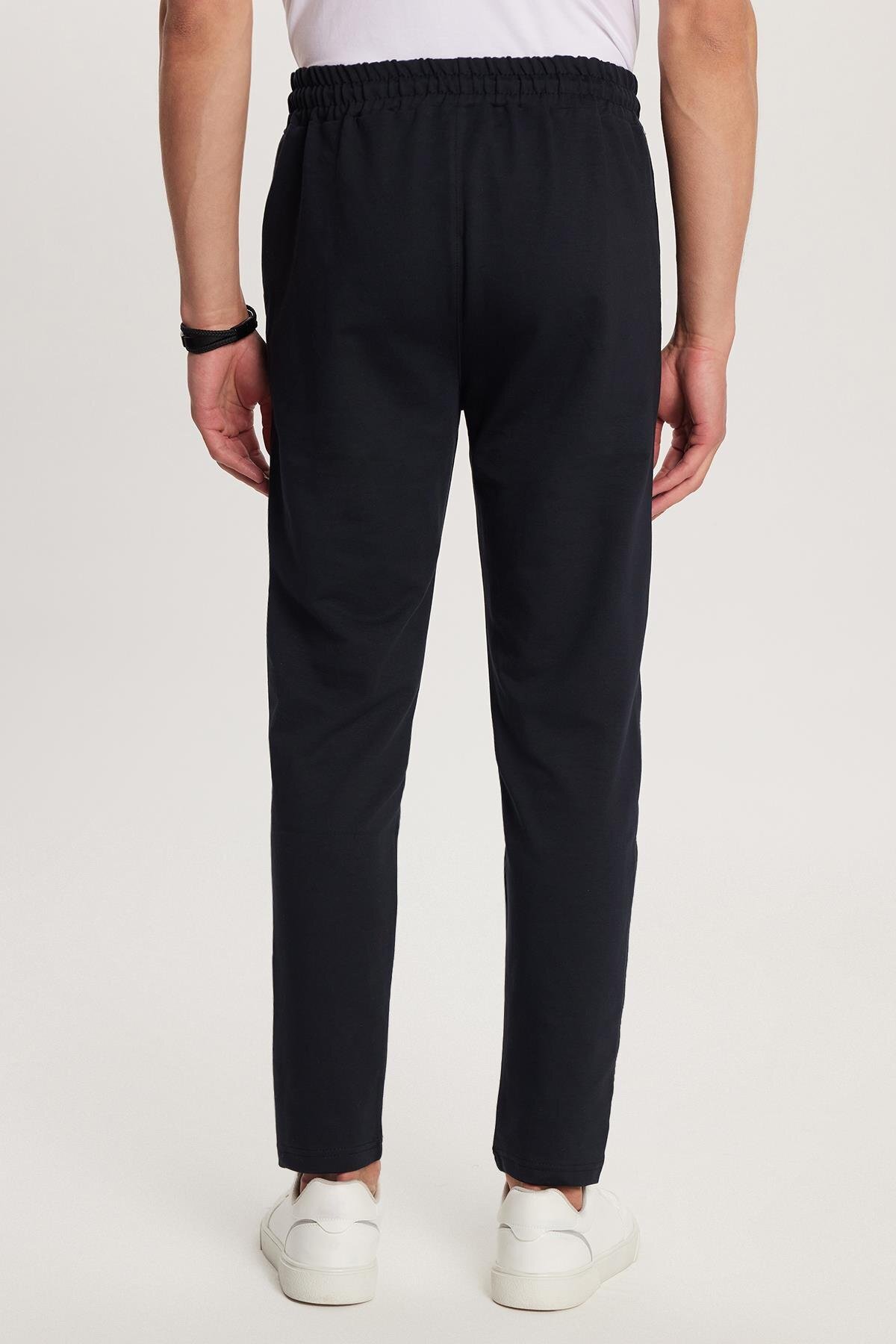 Tudors  Unisex Standart Fit Pamuklu 2 İplik Fermuar Cepli Lastikli Bağlamalı Düz Paça Lacivert Eşofman Altı - Görsel 6