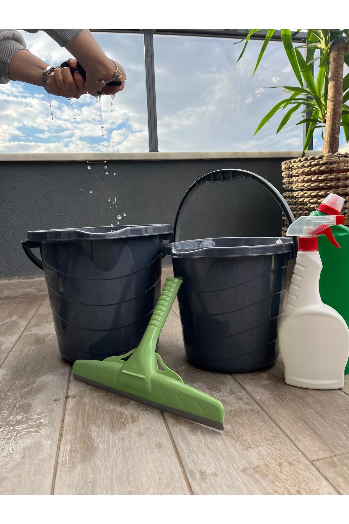 TAKYAKA Kapaksız Su Kovası 10-14 Litre 2 Li Antrasit Set Temizlik Kovası Kapaksız Kovası