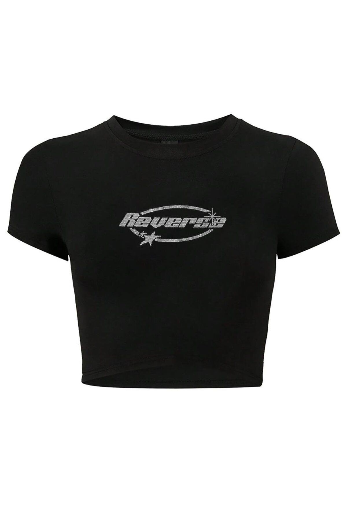 BRZ COLLECTION Kadın Reverse Kristal Taş Baskılı Crop T-shirt Siyah