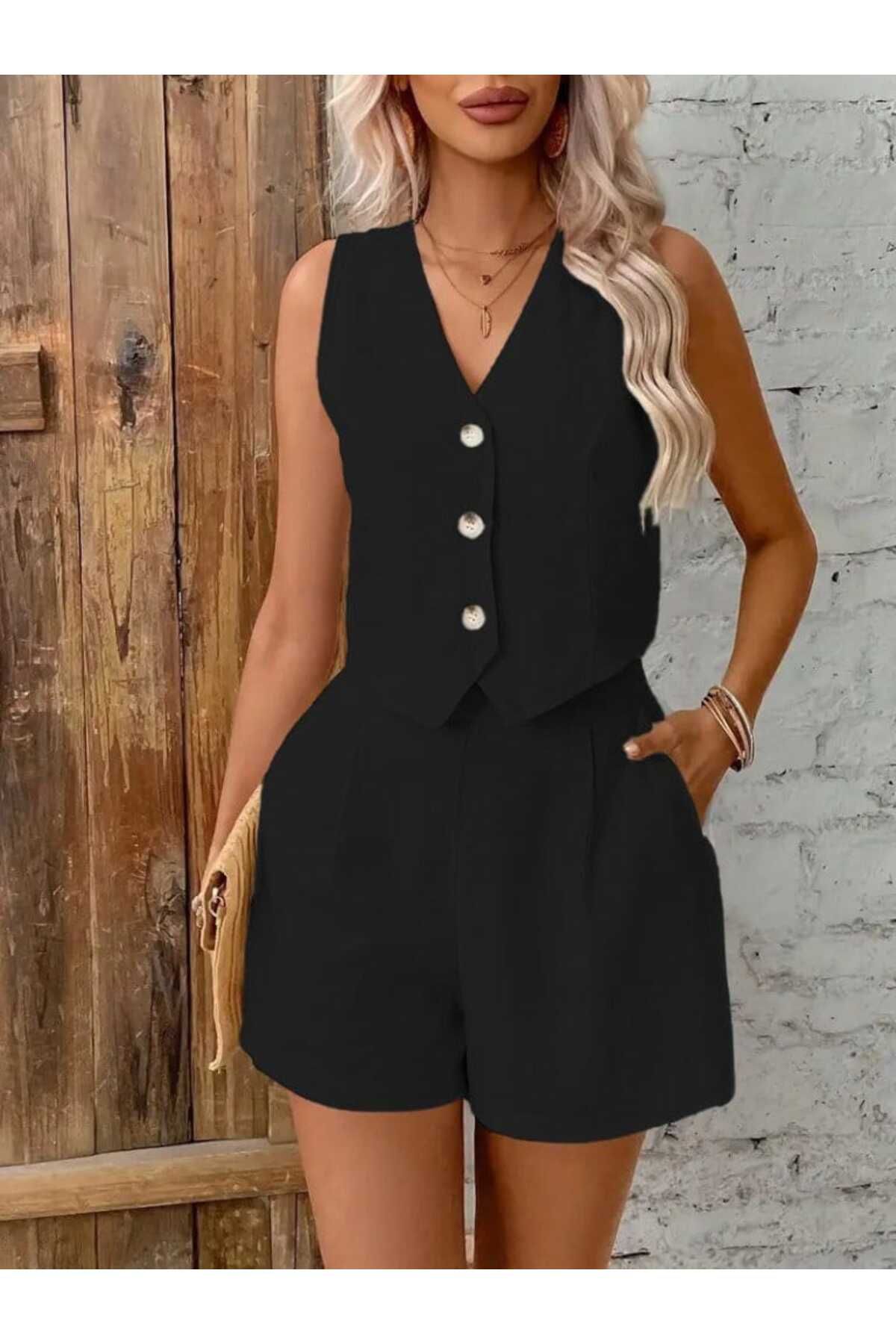 moda wanilia Kadın Düğme Detaylı V Yaka Keten Kumaş Şort Yelek İkili Takım