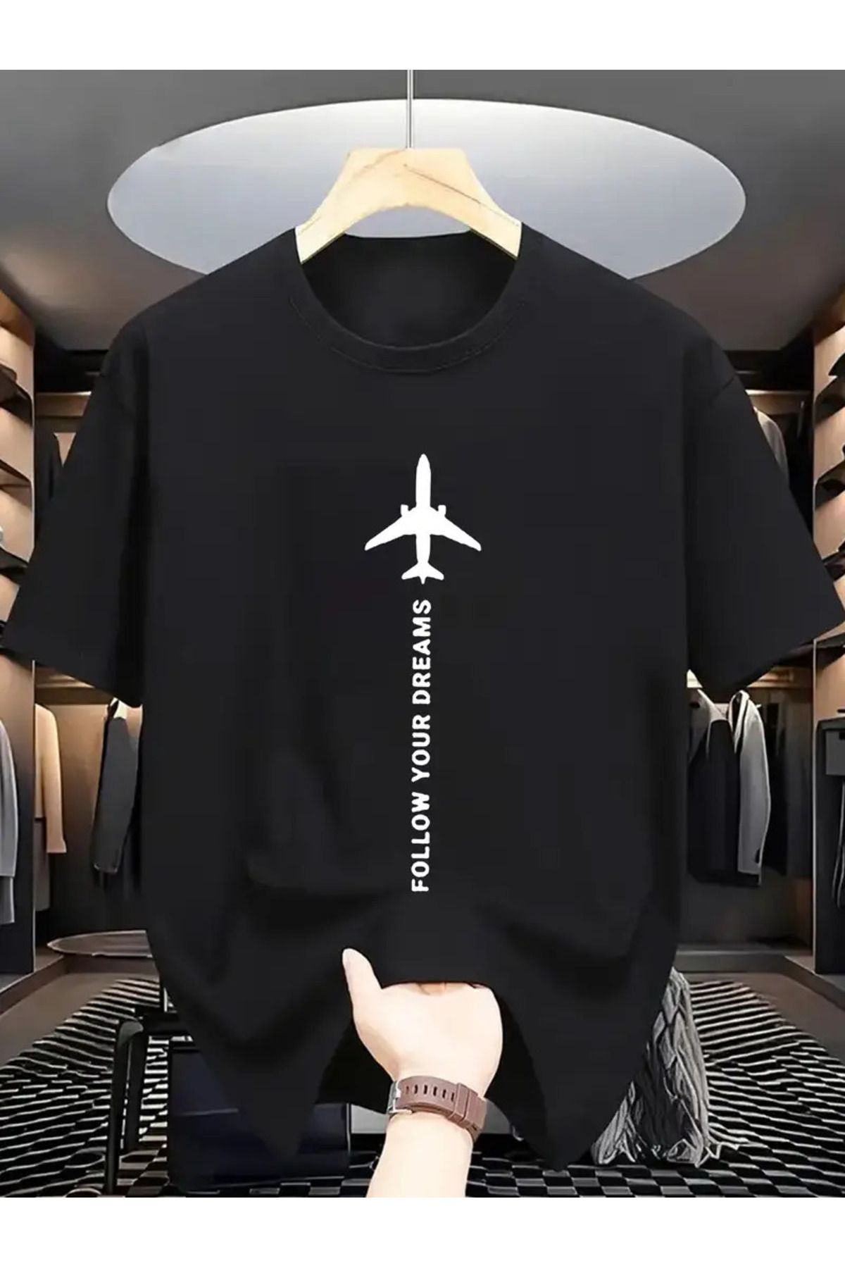 İnazuma Outdoors Unisex Oversize Baskılı Pamuklu Bisiklet Yaka Kısa Kollu SİYAH T-shirt Follow Your Dreams
