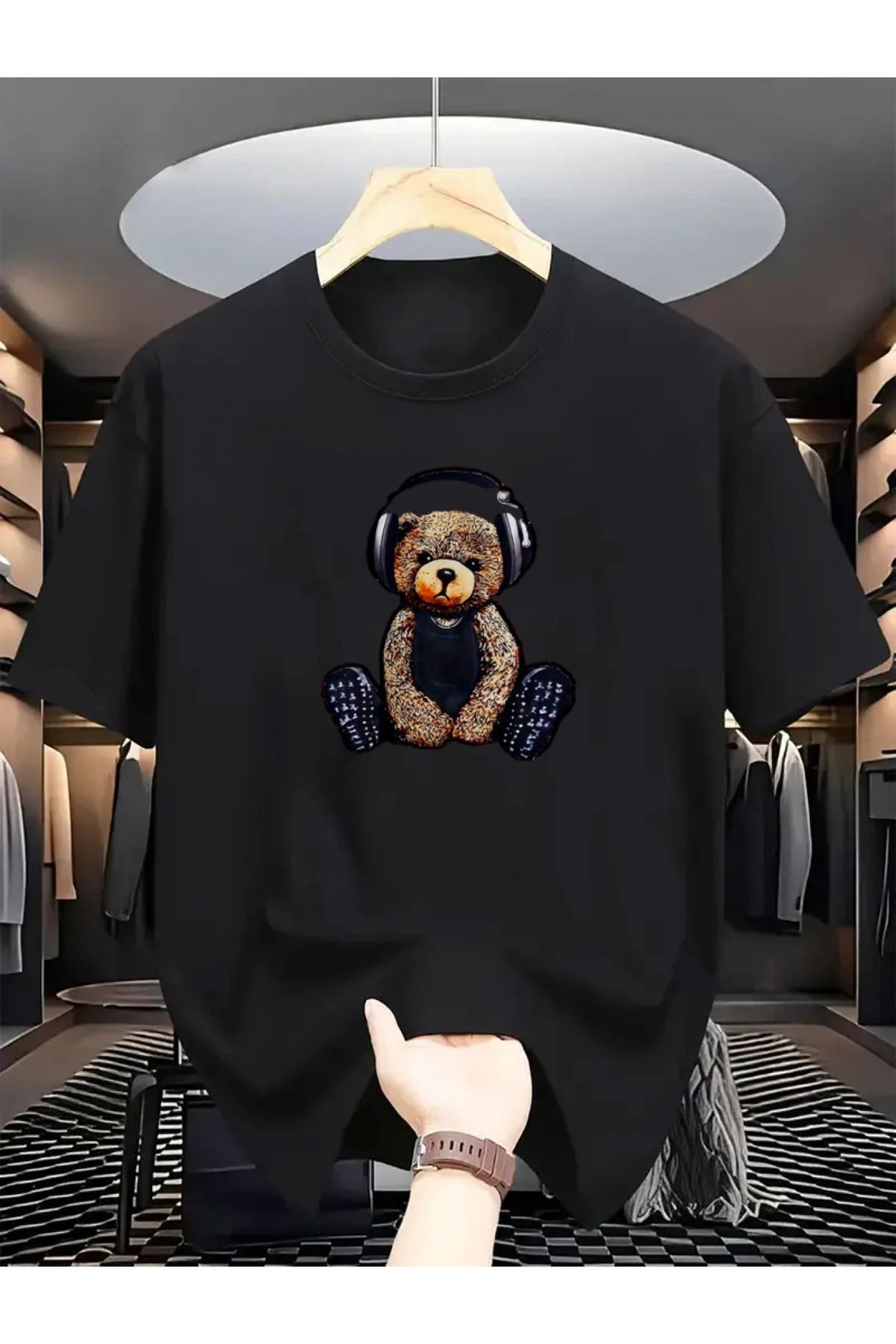 İnazuma Outdoors Unisex Oversize Baskılı Pamuklu Bisiklet Yaka Kısa Kollu SİYAH T-shirt Müzik Dinleyen Ayıcık