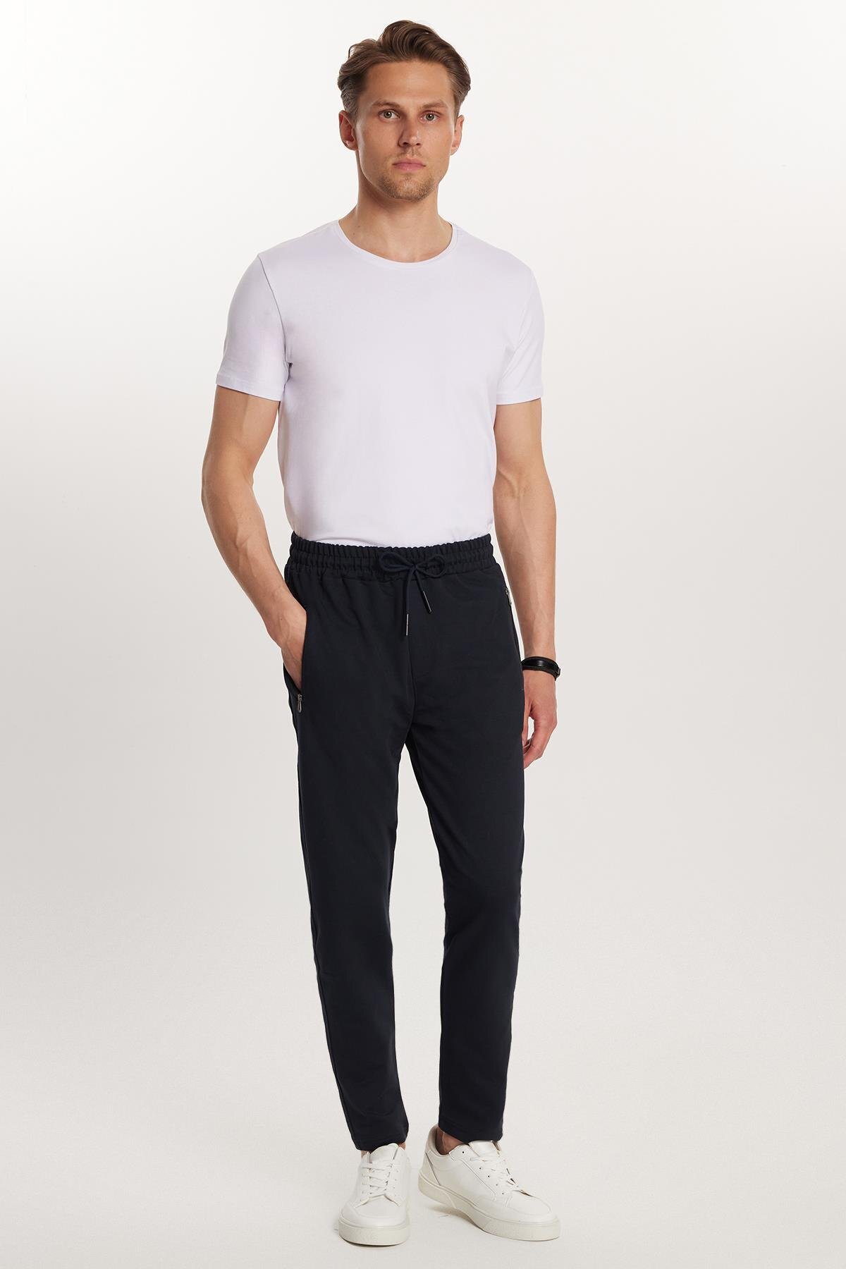 Tudors  Unisex Standart Fit Pamuklu 2 İplik Fermuar Cepli Lastikli Bağlamalı Düz Paça Lacivert Eşofman Altı - Görsel 5