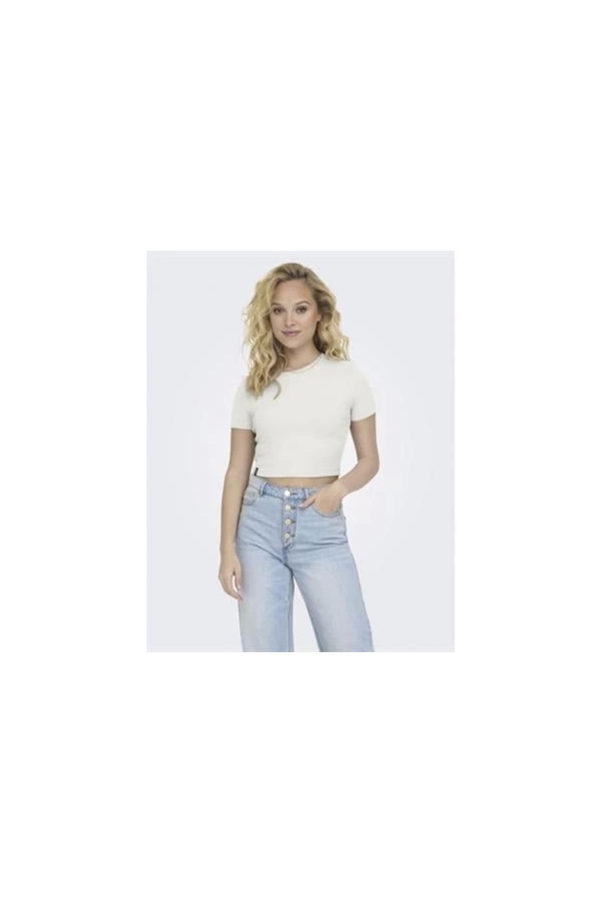 Lale Moda 15311891 Likralı Fitilli Crop Kadın T-Shirt Beyaz