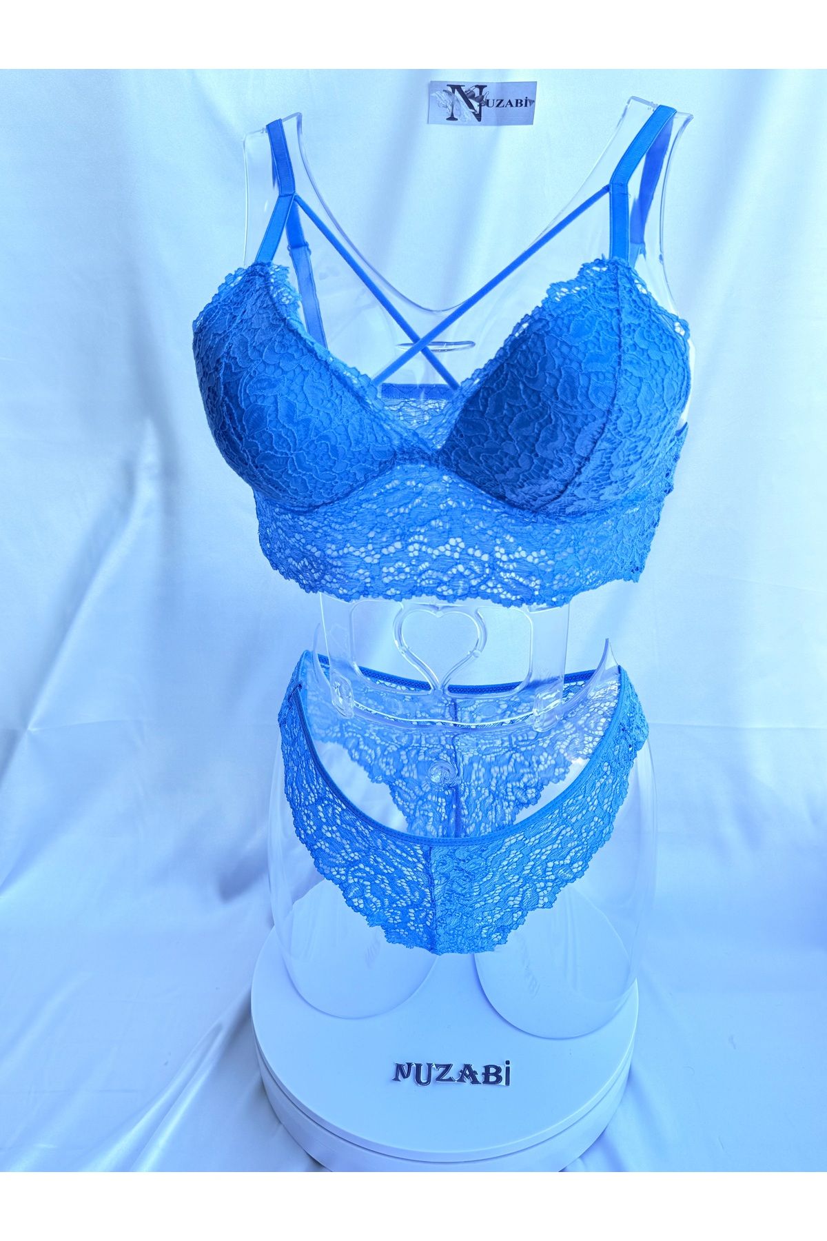 Nuzabi Belinda Mavi Çapraz İpli Balenli Dolgusuz Dantel Bralette Takım