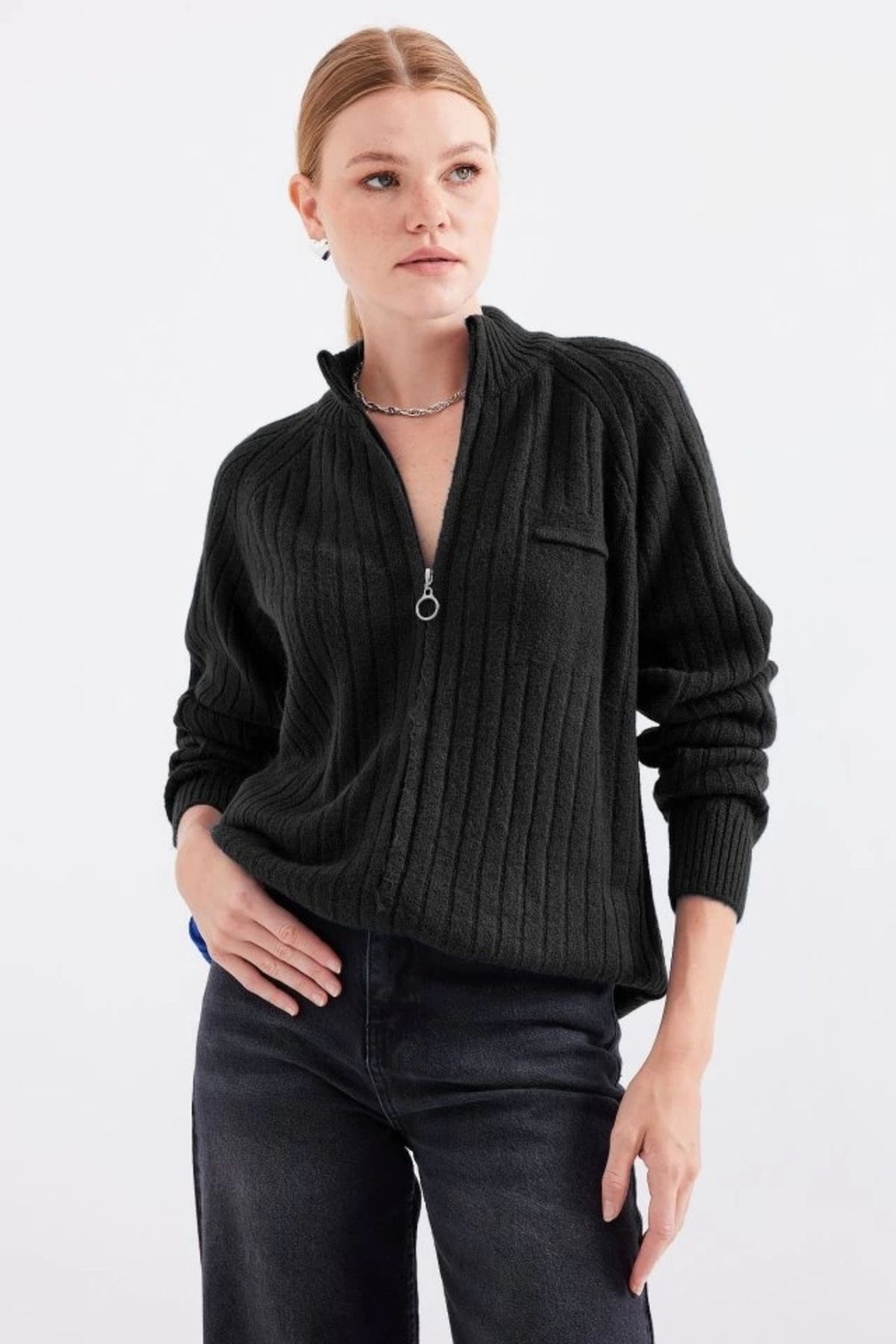 Butik 15880 Fermuarlı Triko Hırka - Siyah