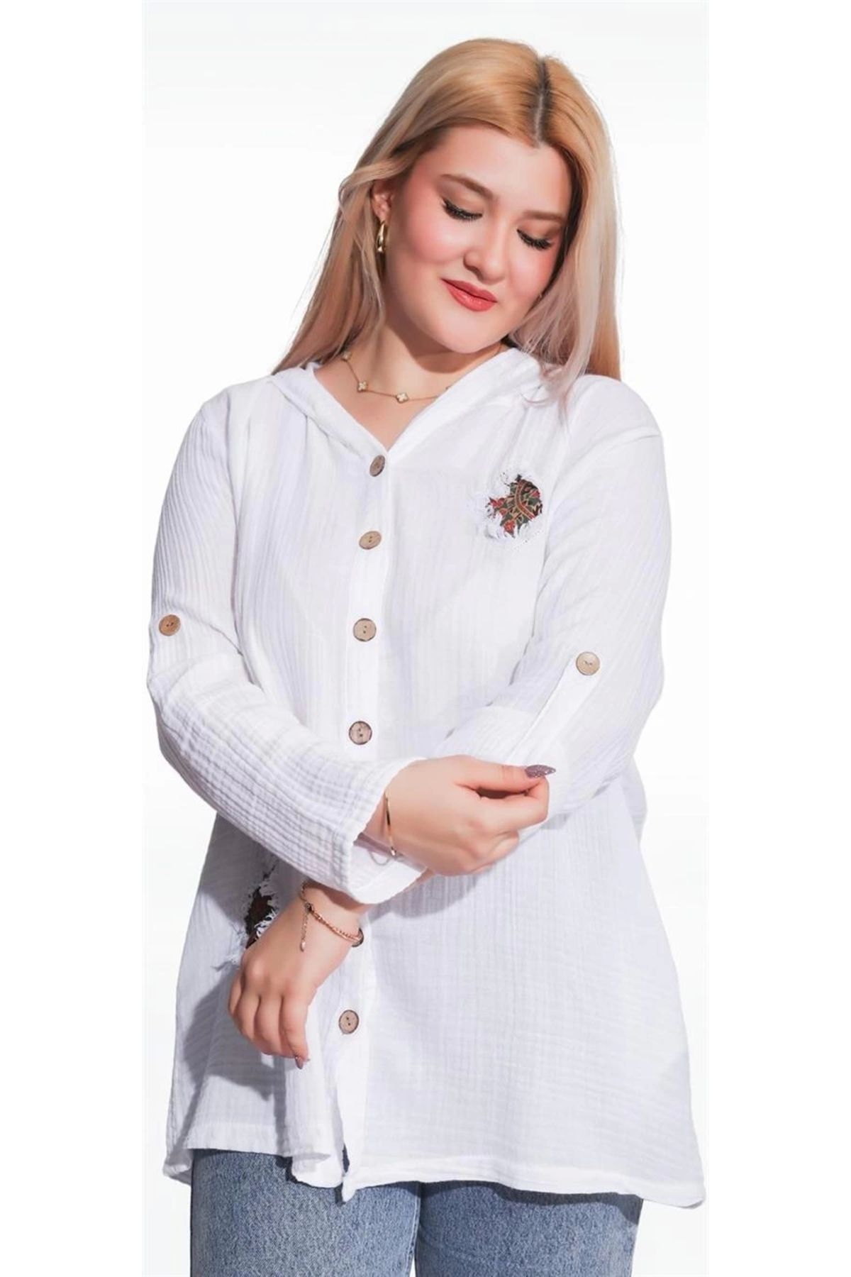 Lale Moda 125006 Müslin Kumaş Kapşonlu Kadın Gömlek Beyaz