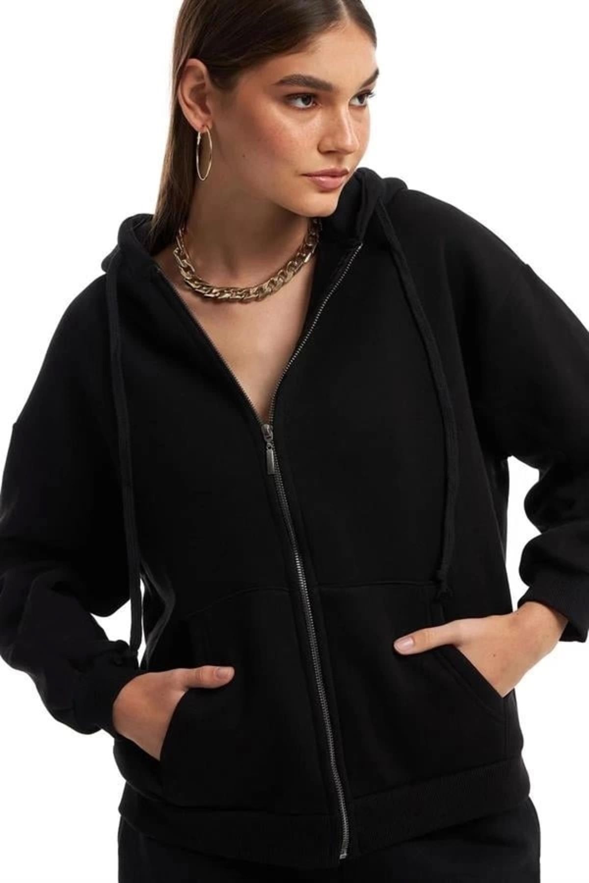 Lale Moda Kapüşonlu Fermuarlı Sweatshirt Hırka