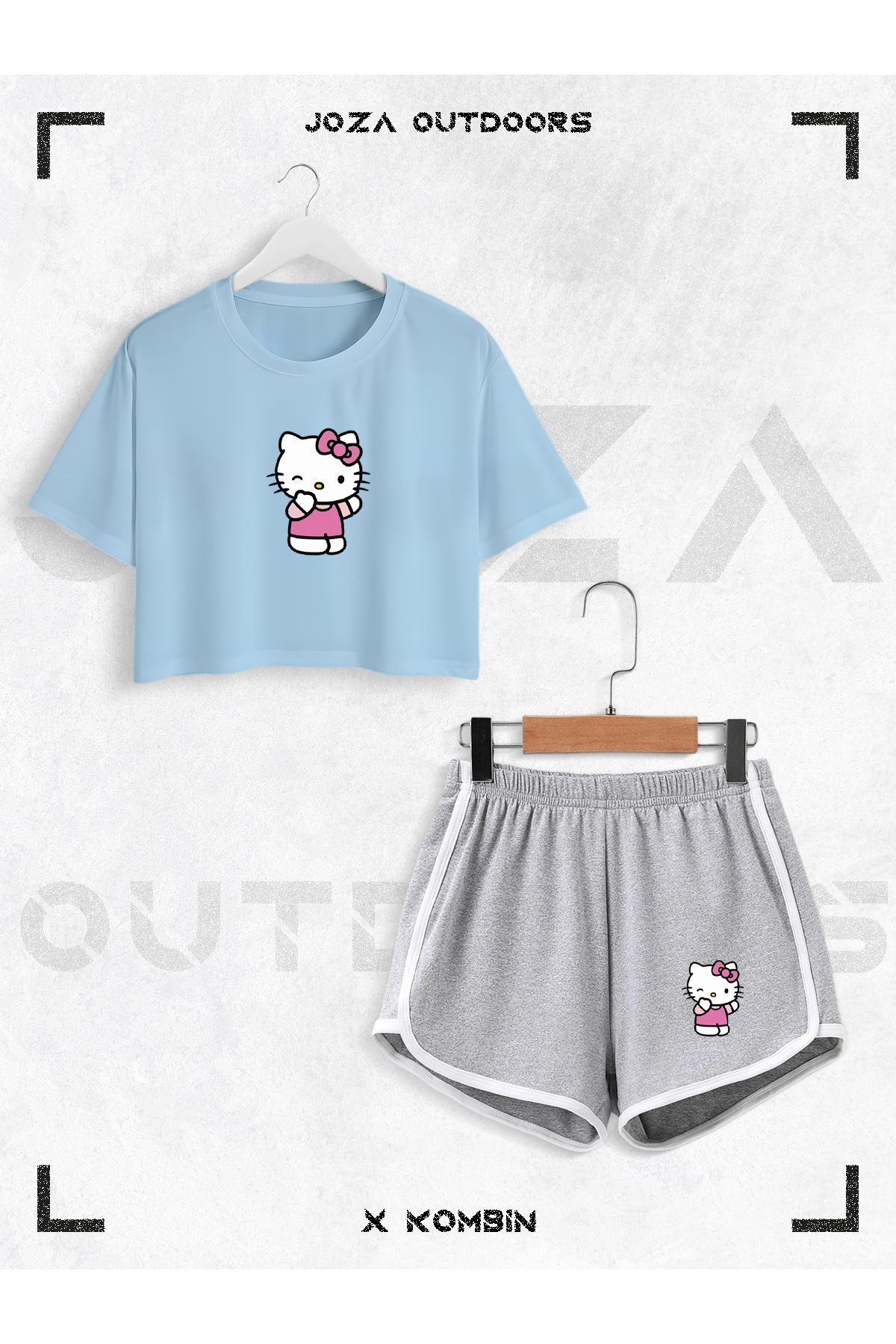 Jobia Outdoors Kadın Hello Kitty Baskılı Tasarım Yazlık Oversize Crop ve Biyeli Şort 2li Takım