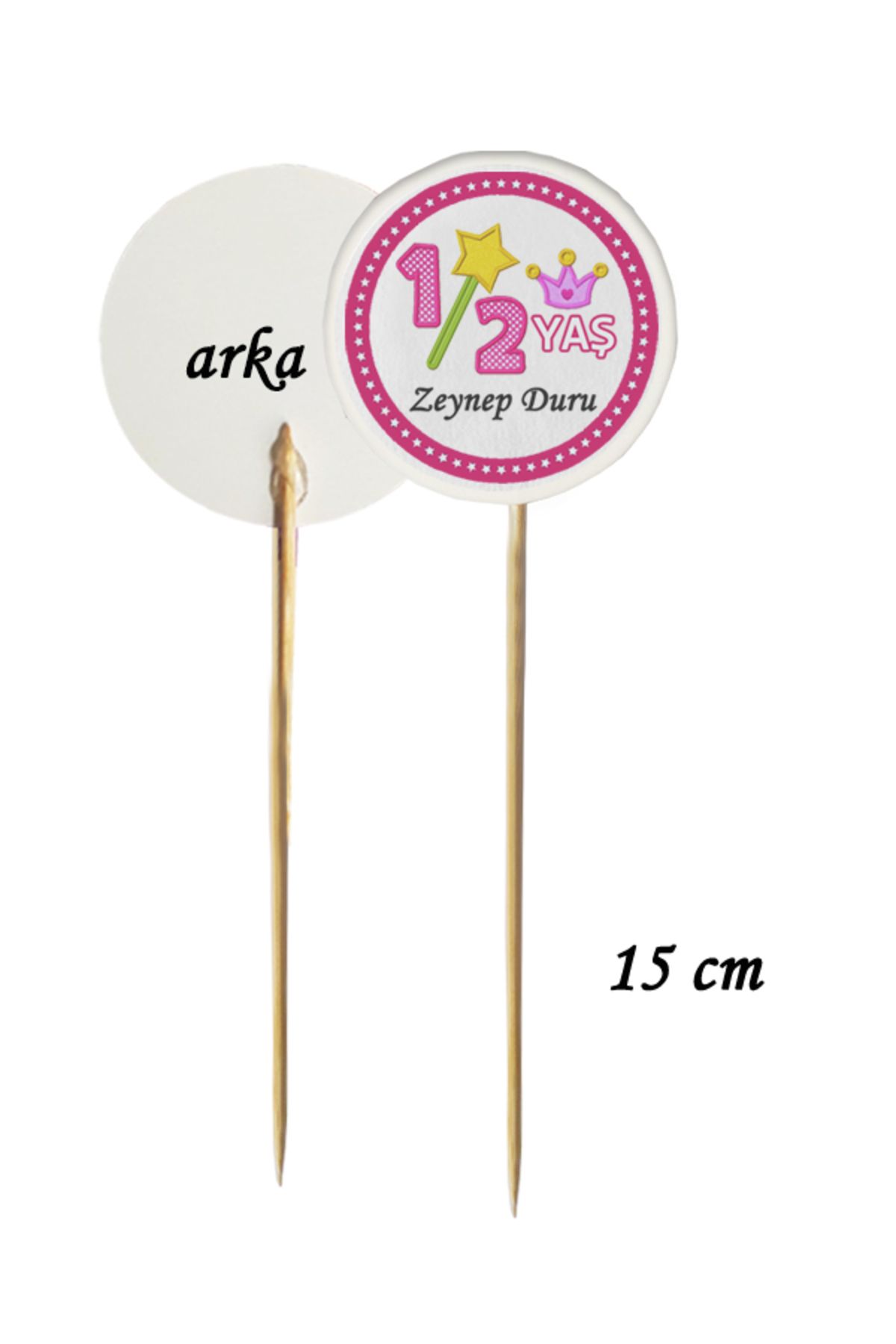 BEYHAN BAYHAN 15 Cm Uzun Kürdan - 10 Adet Kişiye Özel Pembe Half Birthday Baskılı Pasta Kürdanı