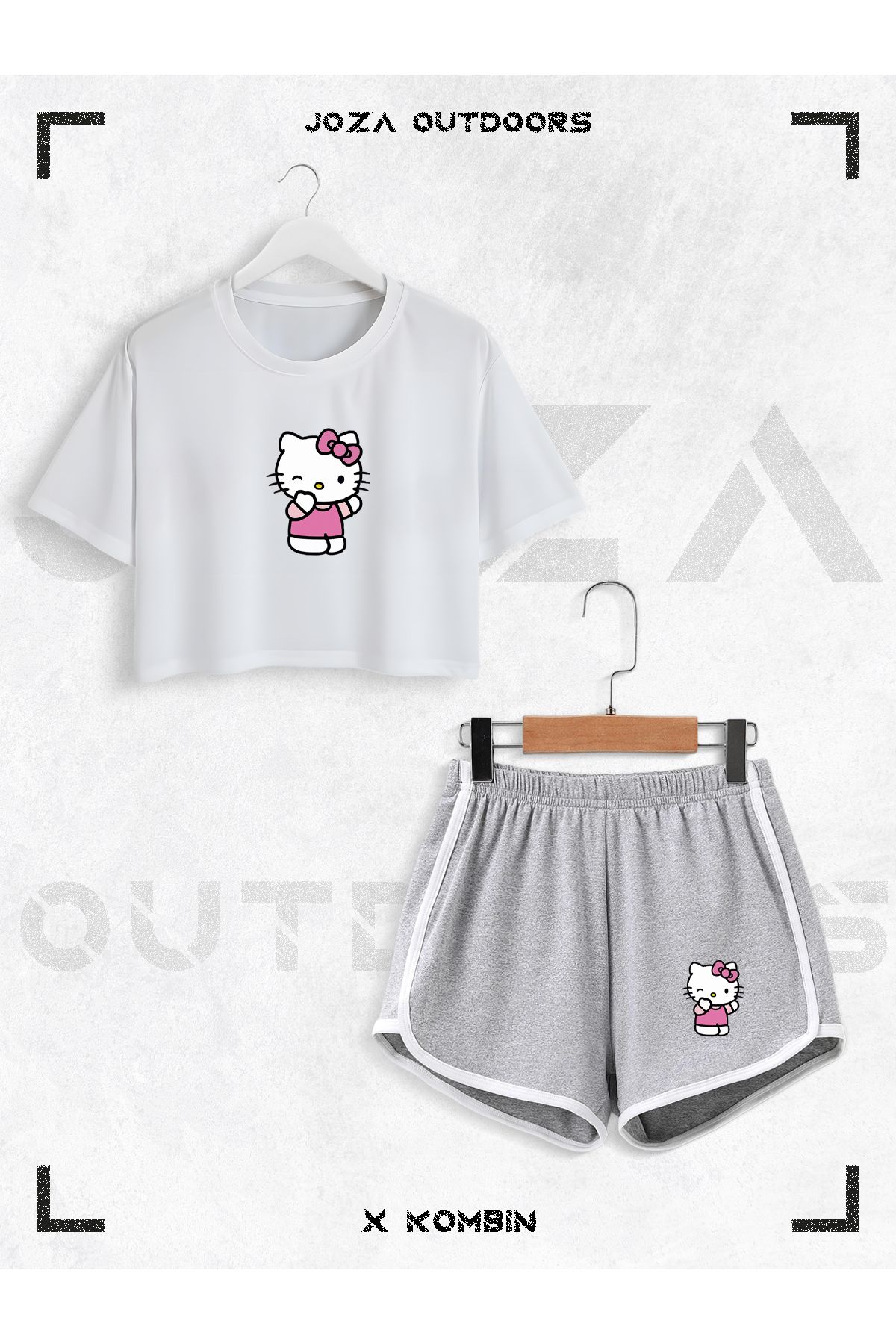 Jobia Outdoors Kadın Hello Kitty Baskılı Tasarım Yazlık Oversize Crop ve Biyeli Şort 2li Takım