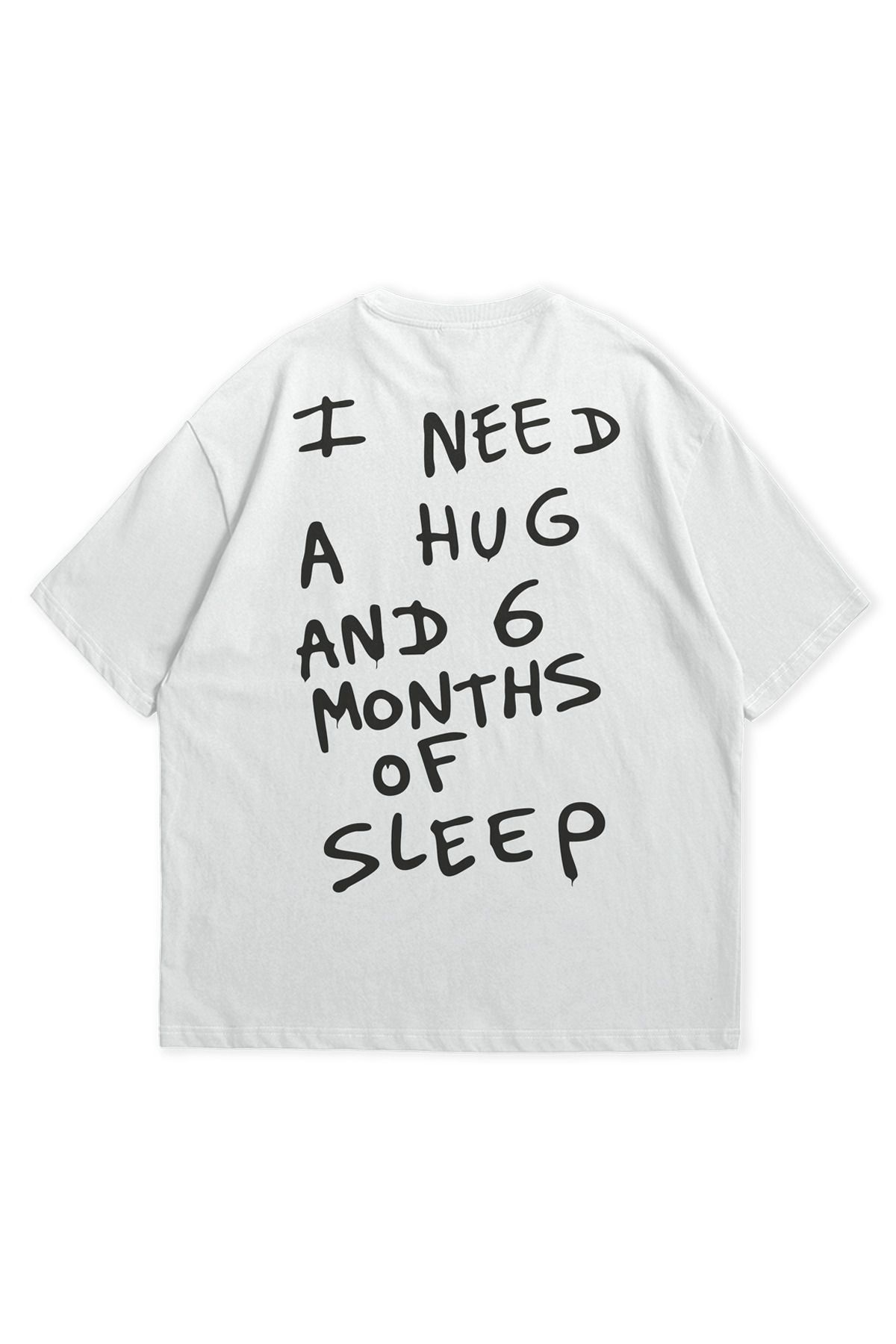 Scrovtie Beyaz Unisex Calvin Jones I Need Sleep Baskılı Bisiklet Yaka Kısa Kollu Oversize T-shirt