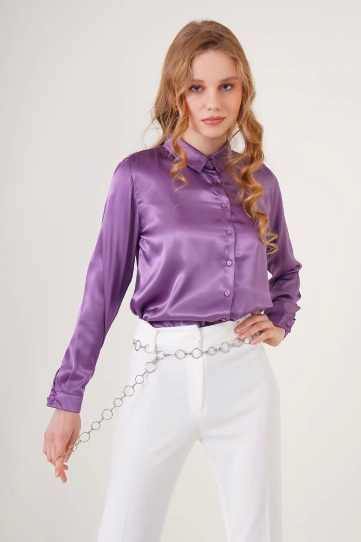 Butik 3964 Hafif Dökümlü Saten Gömlek - Mor