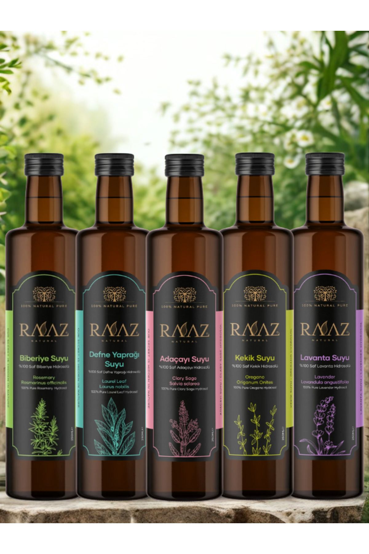 RAAZ 5’li Hidrosol Seti – Biberiye, Lavanta, Kekik, Defne, Adaçayı Suyu 250 ml x5 %100 Saf