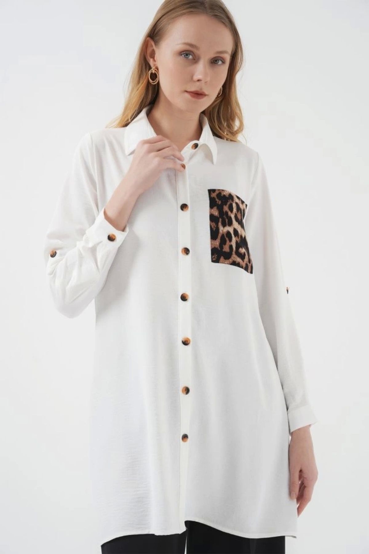 Butik 5851 Cep Detaylı Gömlek Tunik - Beyaz