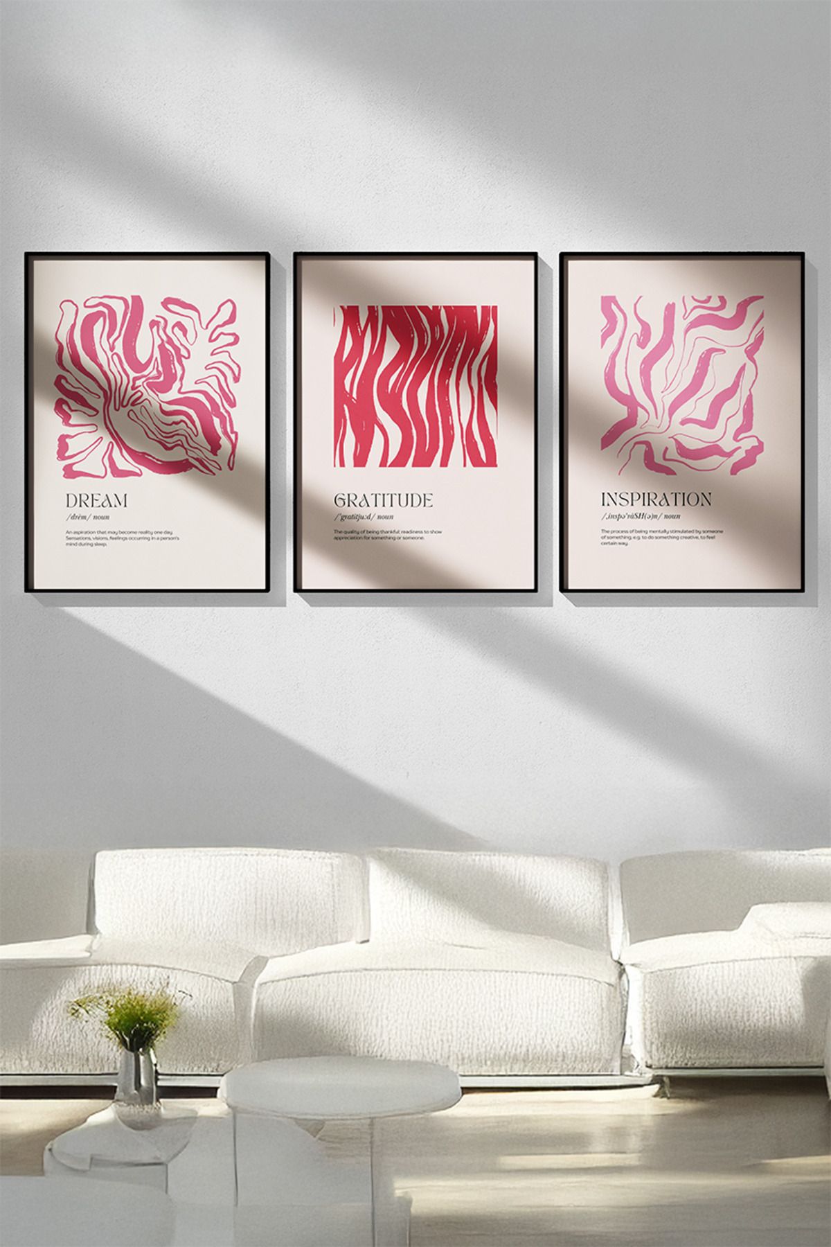 baselith Dream Gratitude Inspiration Üçlü Poster Seti - Pembe Soyut Good Vibes Duvar Dekor - Çerçevesiz Baskı