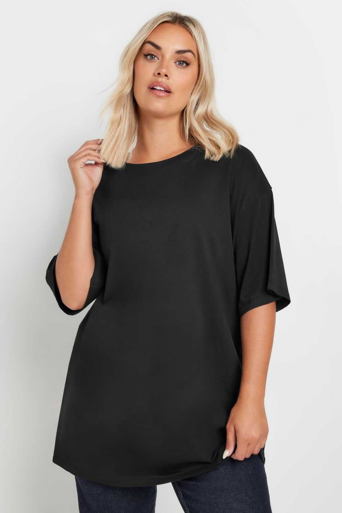 LADY HAZAL Siyah Bisiklet Yaka Oversize Tshirt Büyük Beden Kompakt Penye Rahat Kesim Tişört