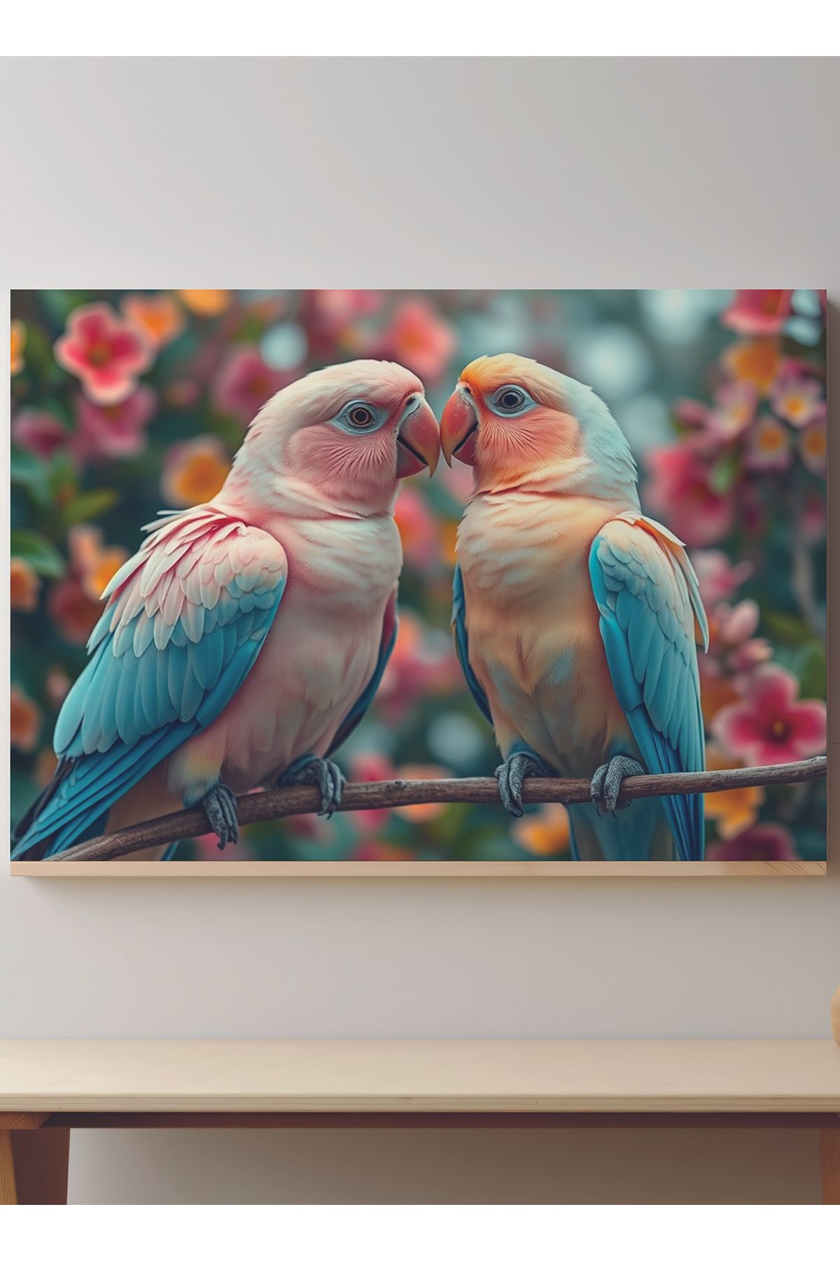 Store Bahar Rüyası Pastel Tonlar Sevgi Dolu Papağanlar Premium Kanvas Tablo