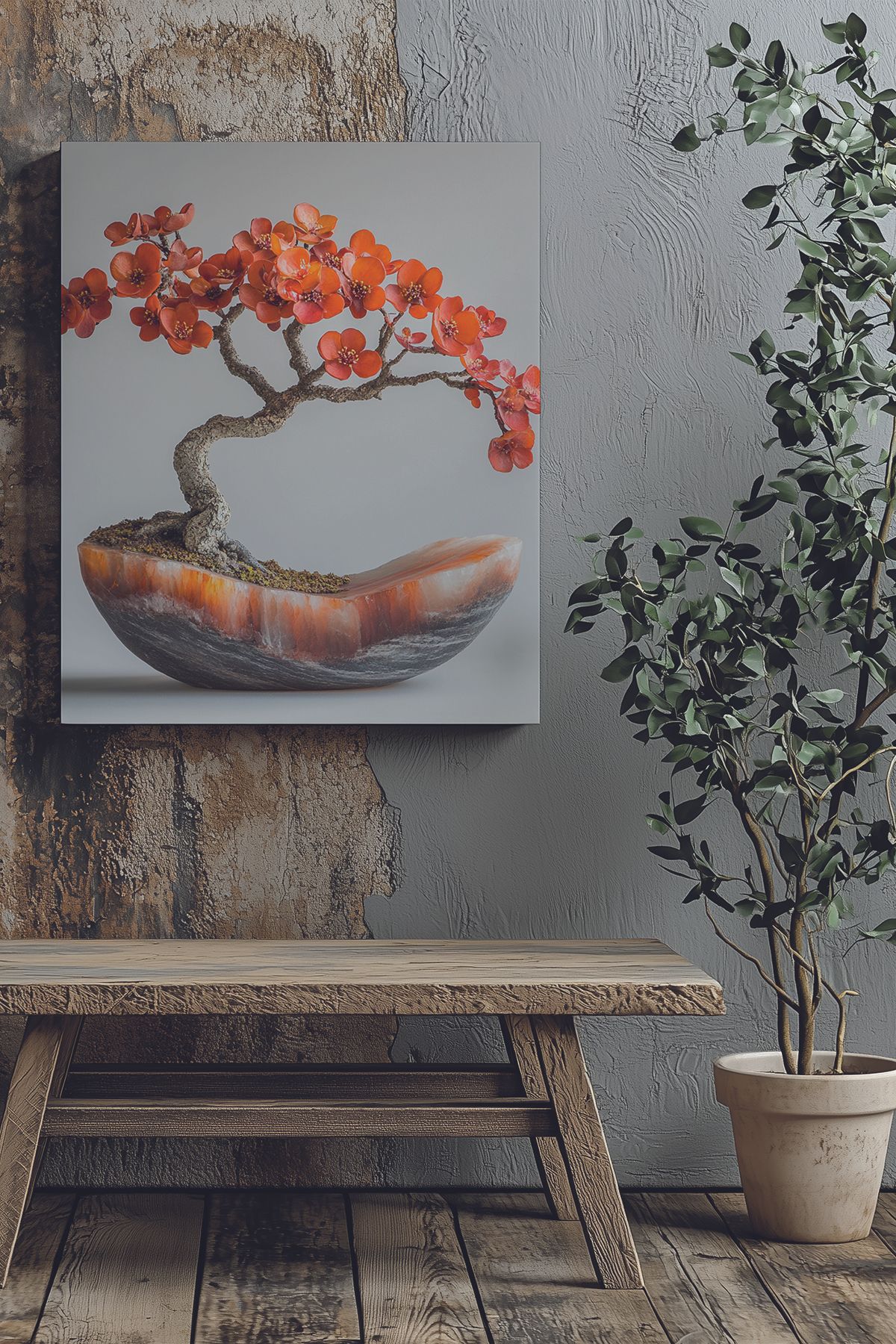 Store Huzur Veren Bonsai Ağacı ve Renkli Saksı Premium Kanvas Tablo