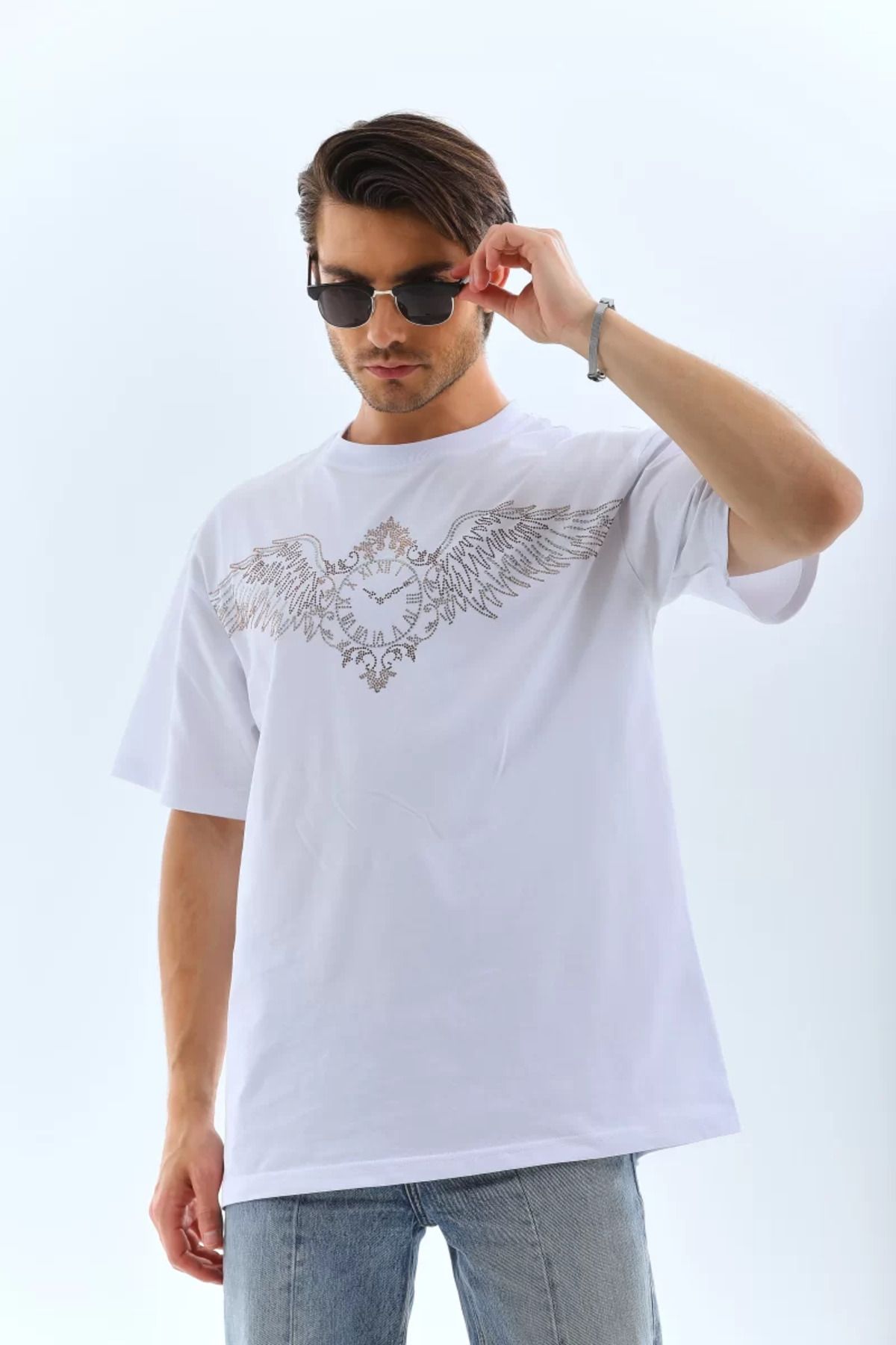 BBbutik Unisex Oversize Taşlı ''Saat Detaylı'' Bisiklet Yaka T-Shirt - Beyaz