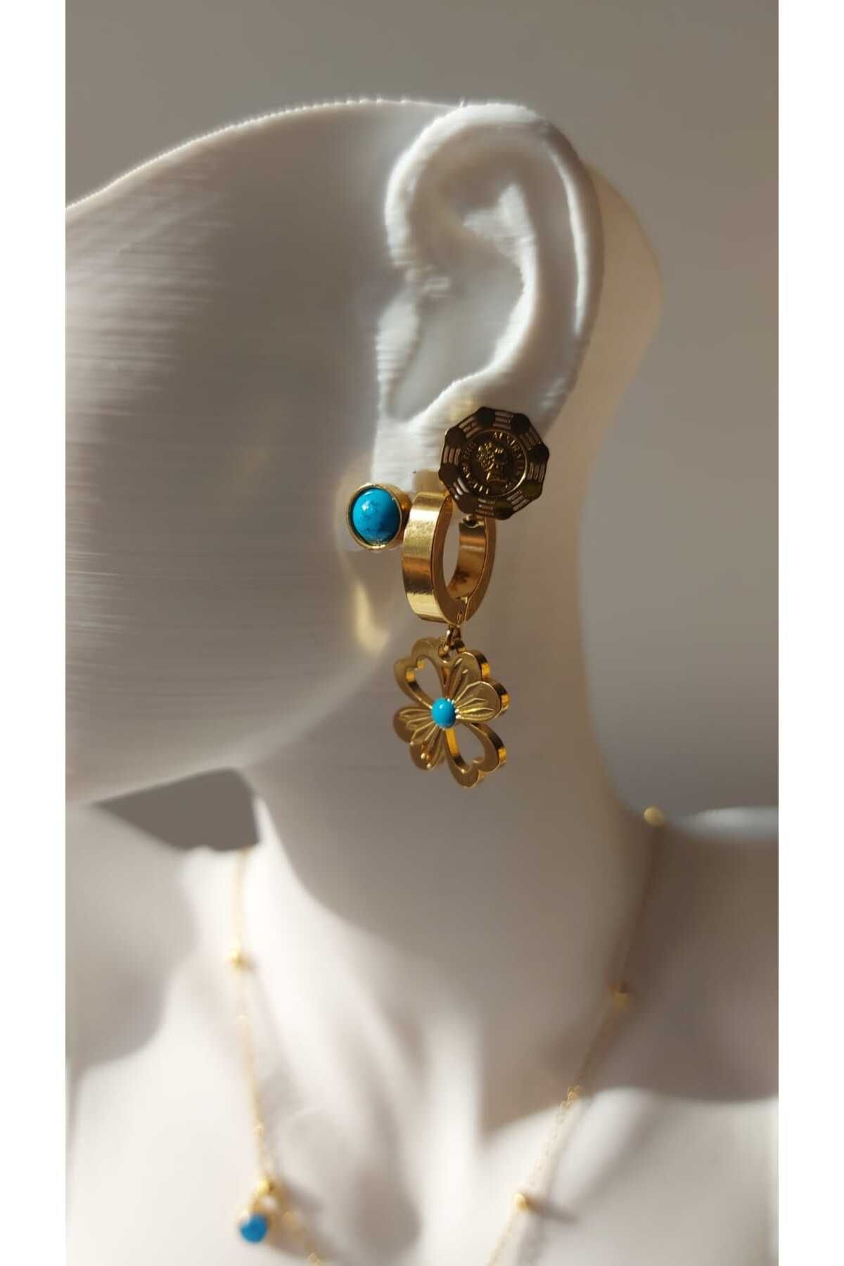 staınless steel RUSECA JEWELRY ŞANS YONCA KOLYE VE ŞANS YONCA MAVİ BONCUKLU KÜPE SET KOMBİN GOLD