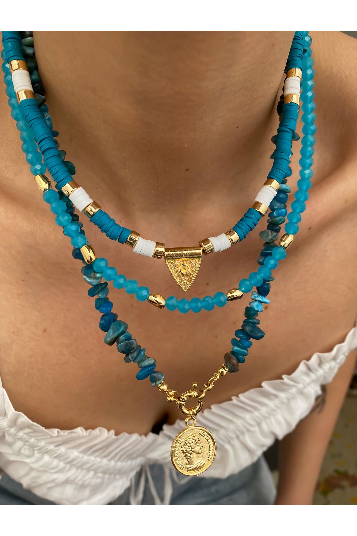 Lucky Designs Gold Doğal Taş Detay Üçlü Set Kolye/ Kadın Çoklu Set Kolye/ Yazlık Çoklu Kolye