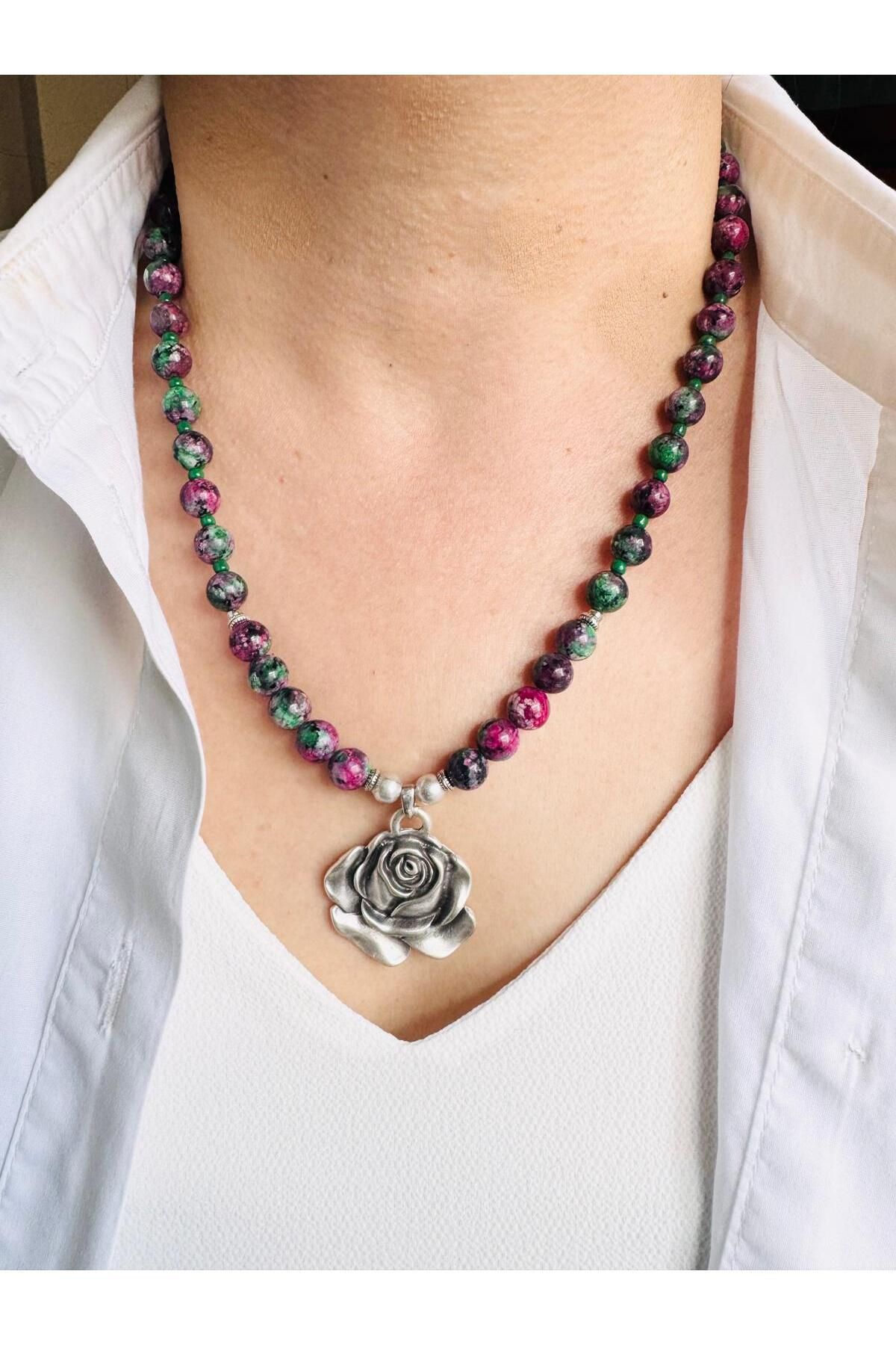 DEVİ fashion Doğal Taş Gül Kolye 50 cm